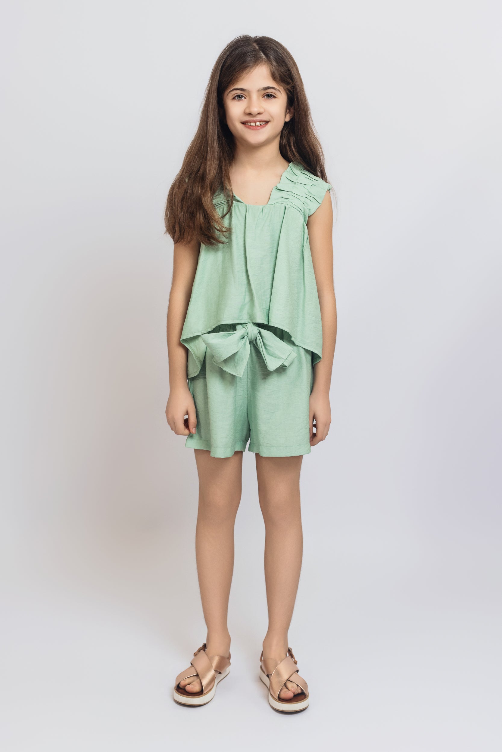 Ruffled Top with Short Set For Girls - Mint Green - Pear