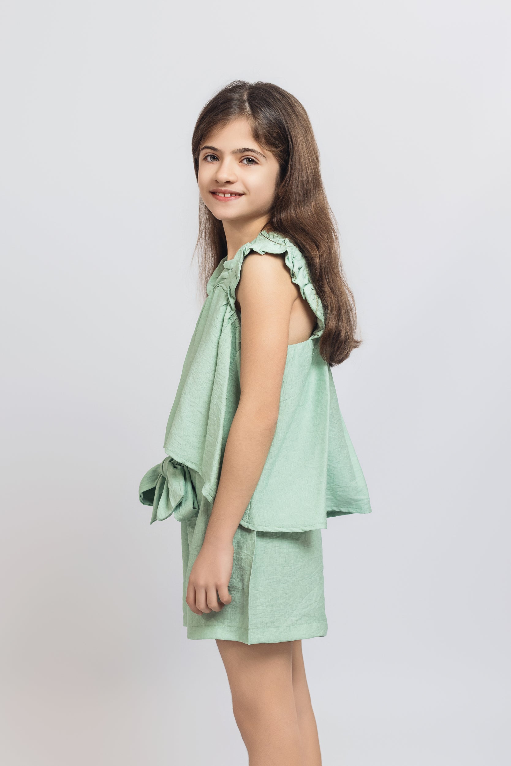 Ruffled Top with Short Set For Girls - Mint Green - Pear