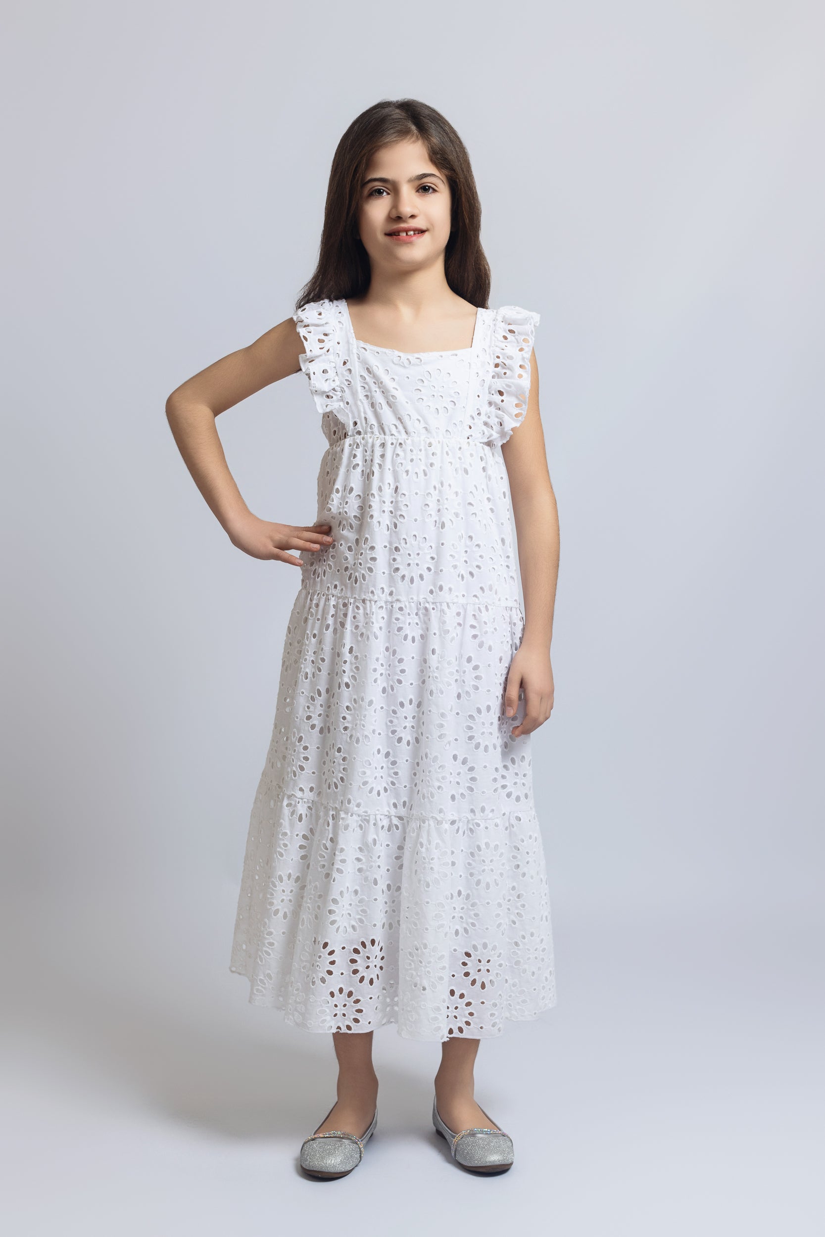 Broderie Anglaise Dress For Girls - White - Pear