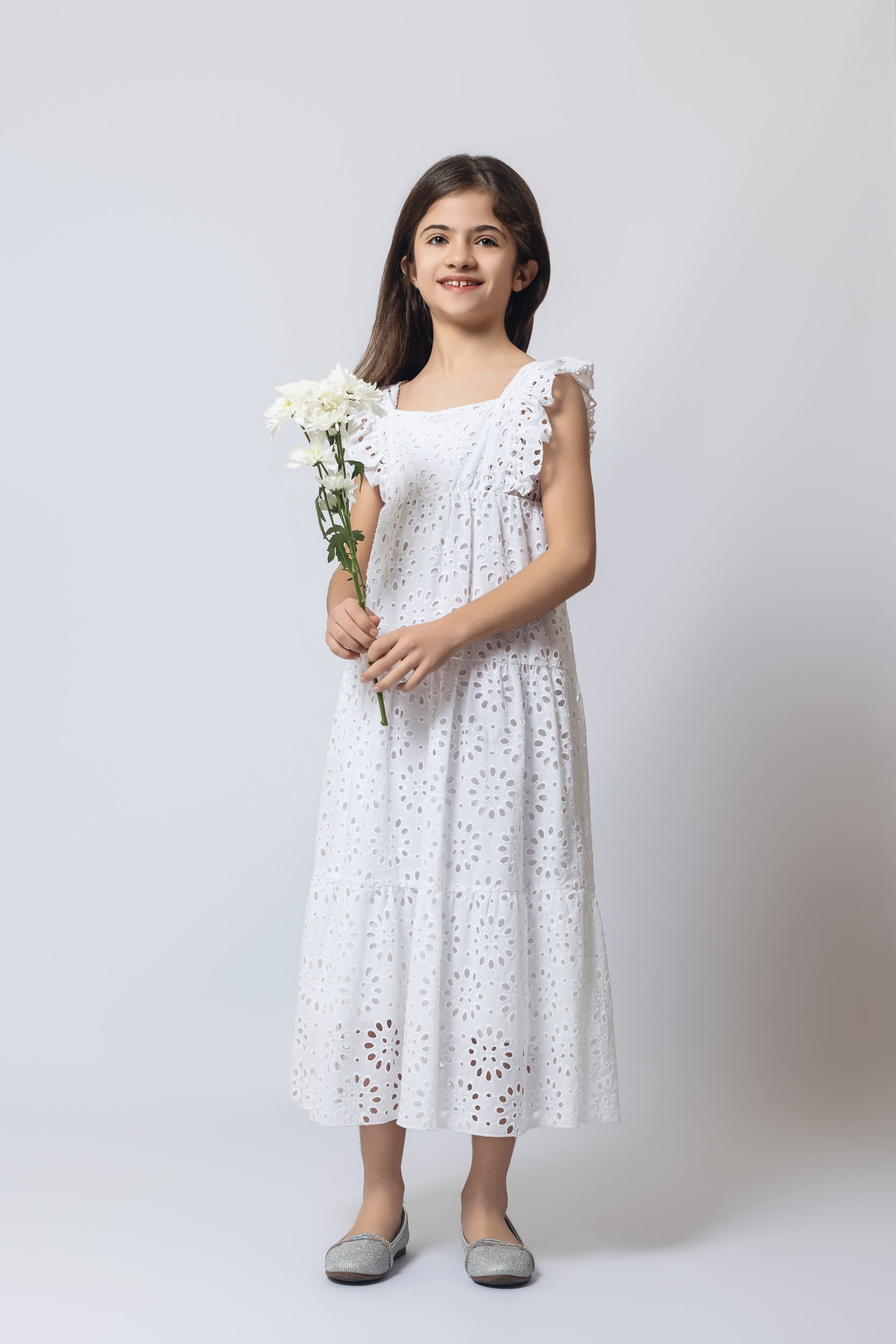 Broderie Anglaise Dress For Girls - White - Pear