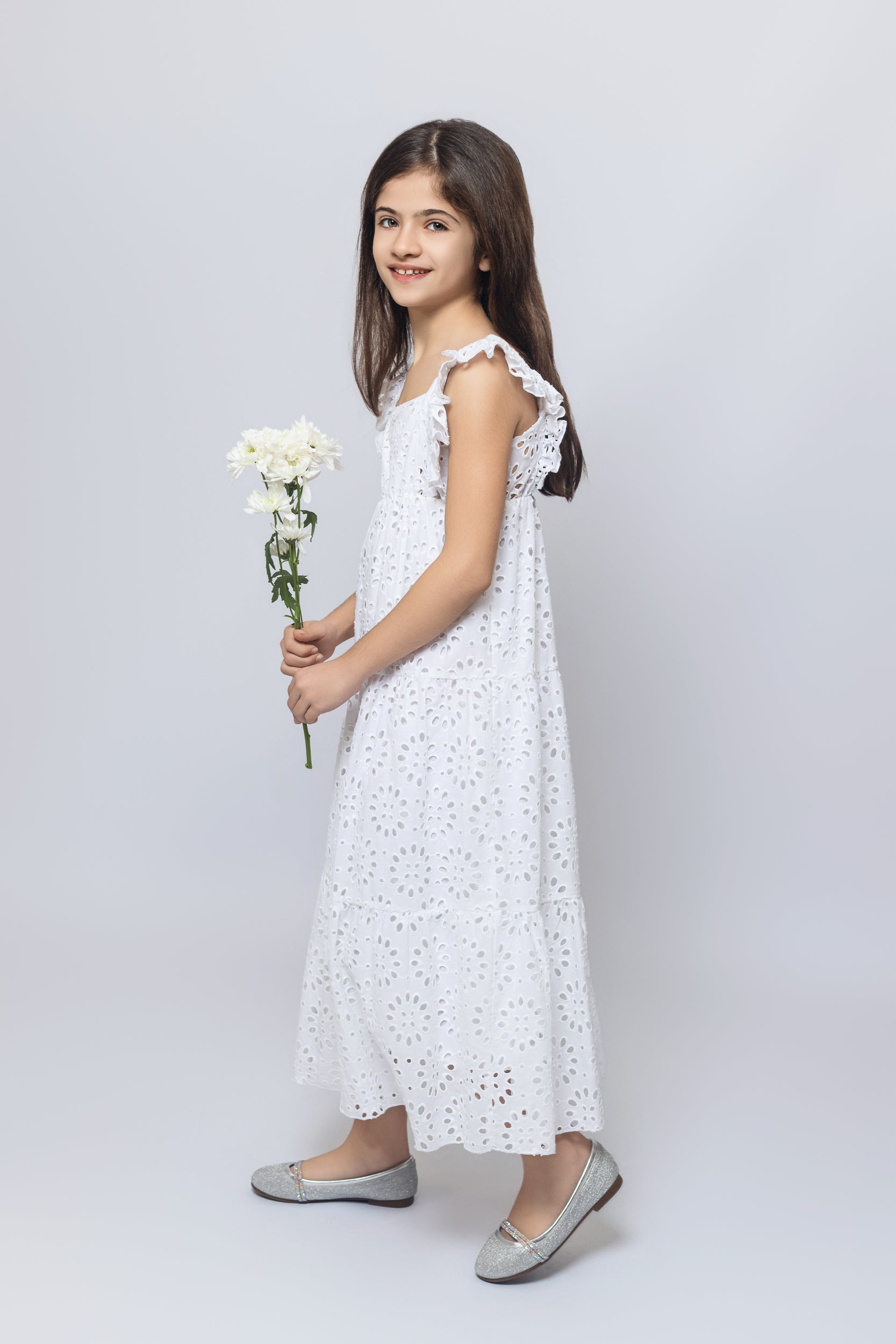 Broderie Anglaise Dress For Girls - White - Pear