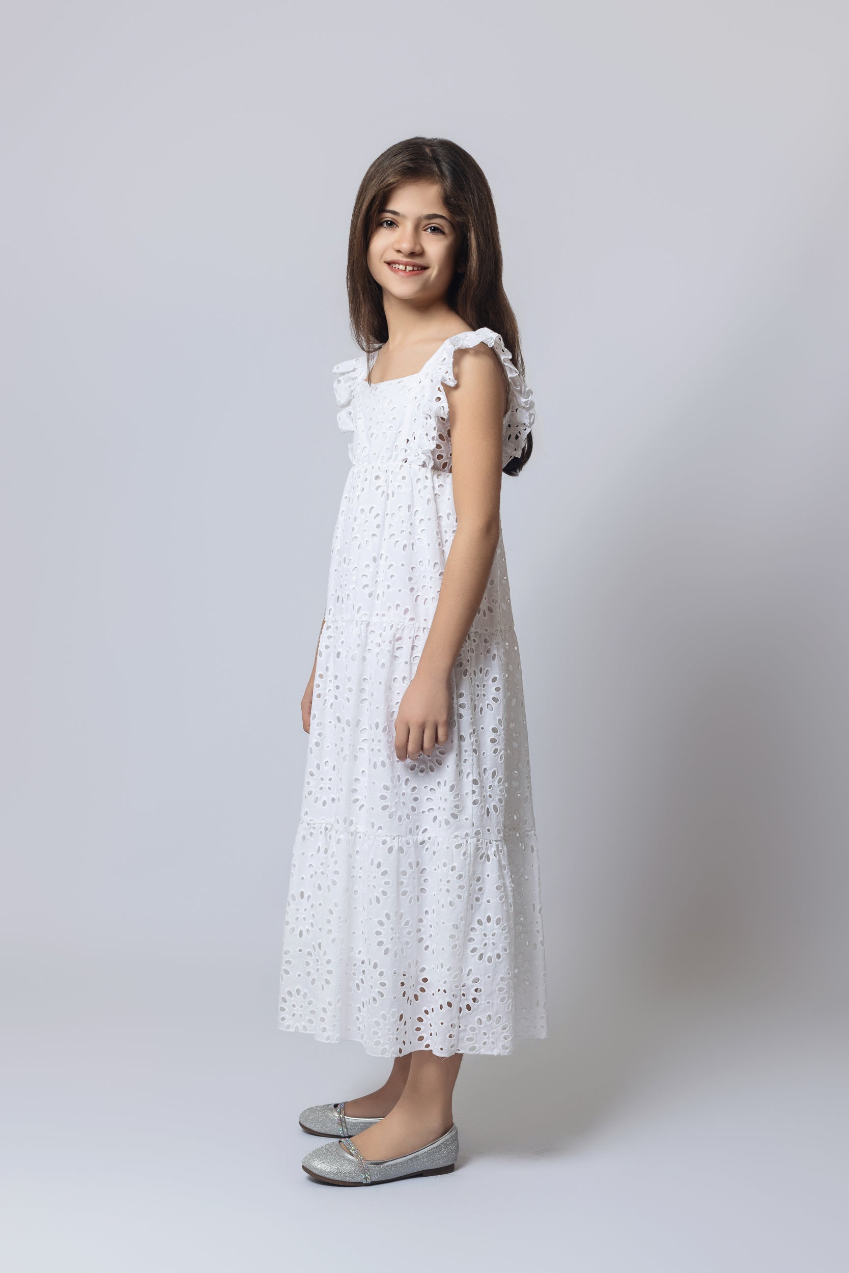 Broderie Anglaise Dress For Girls - White - Pear