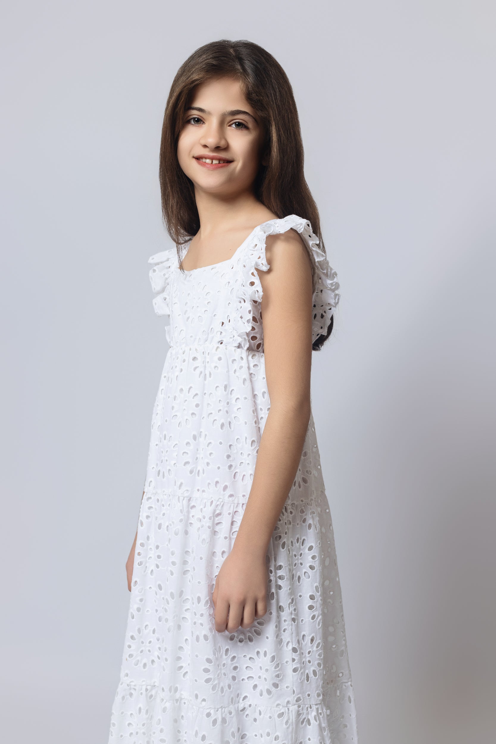 Broderie Anglaise Dress For Girls - White - Pear