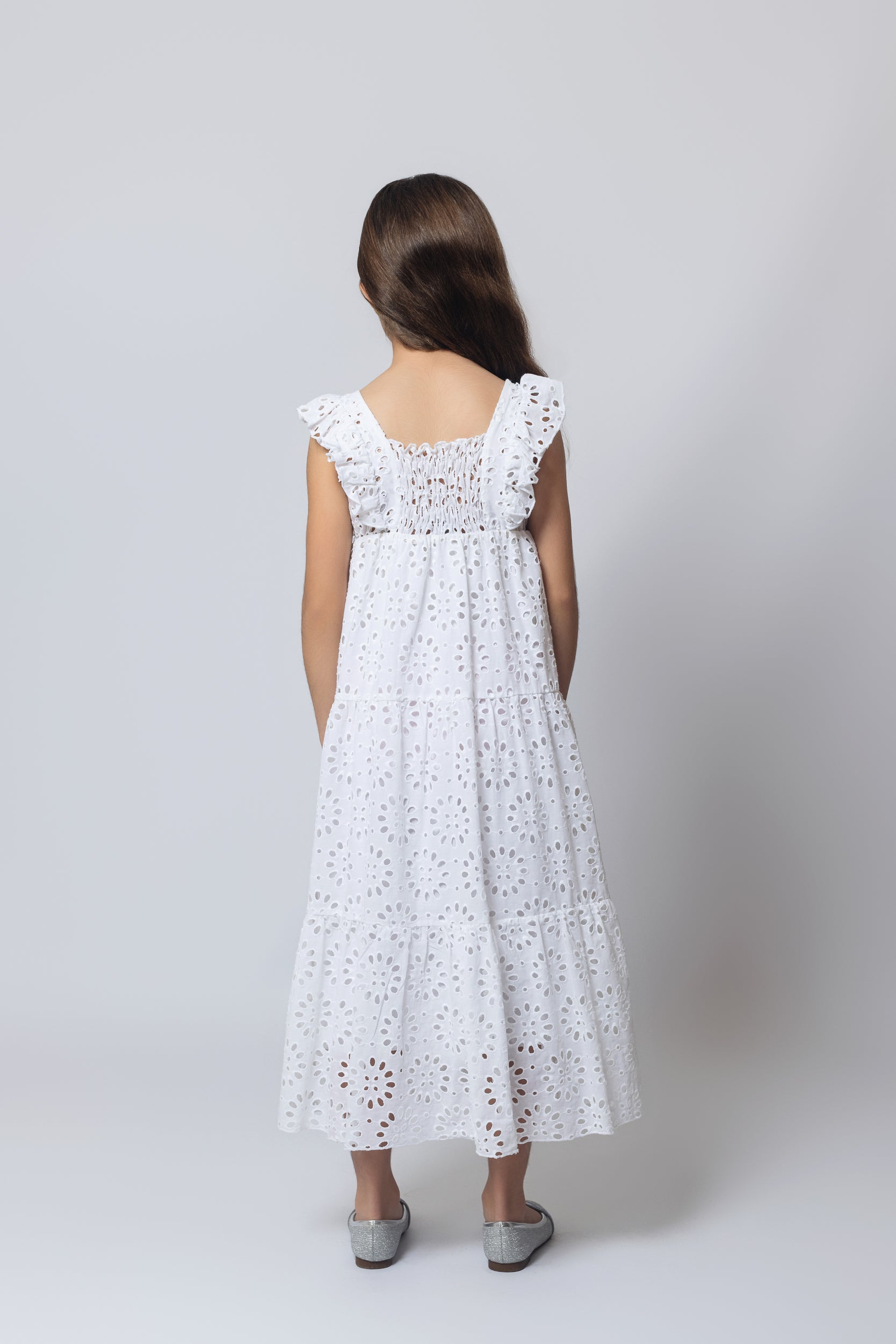 Broderie Anglaise Dress For Girls - White - Pear