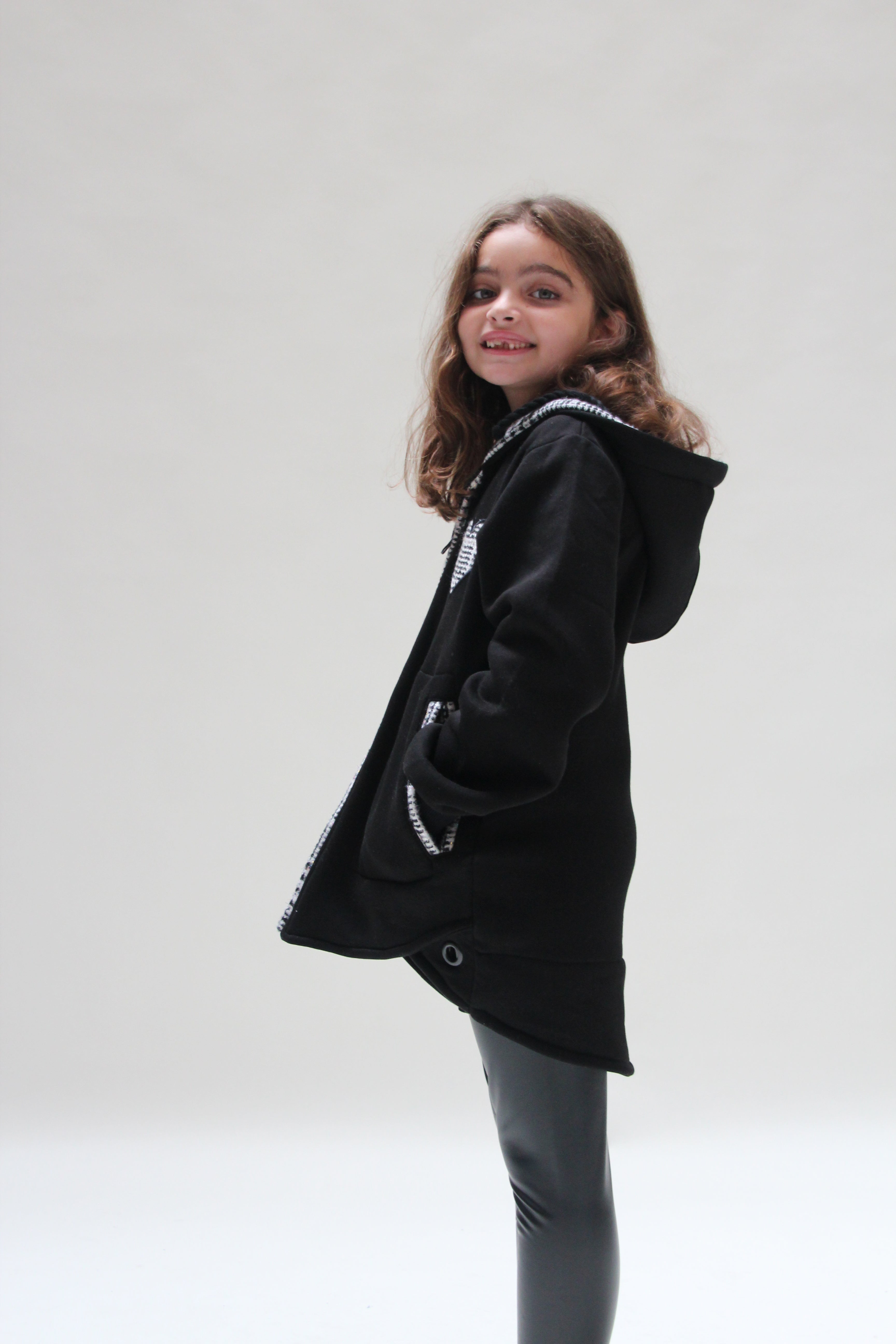 Oversized Ecossais Jacket For Girls - Black - Pear