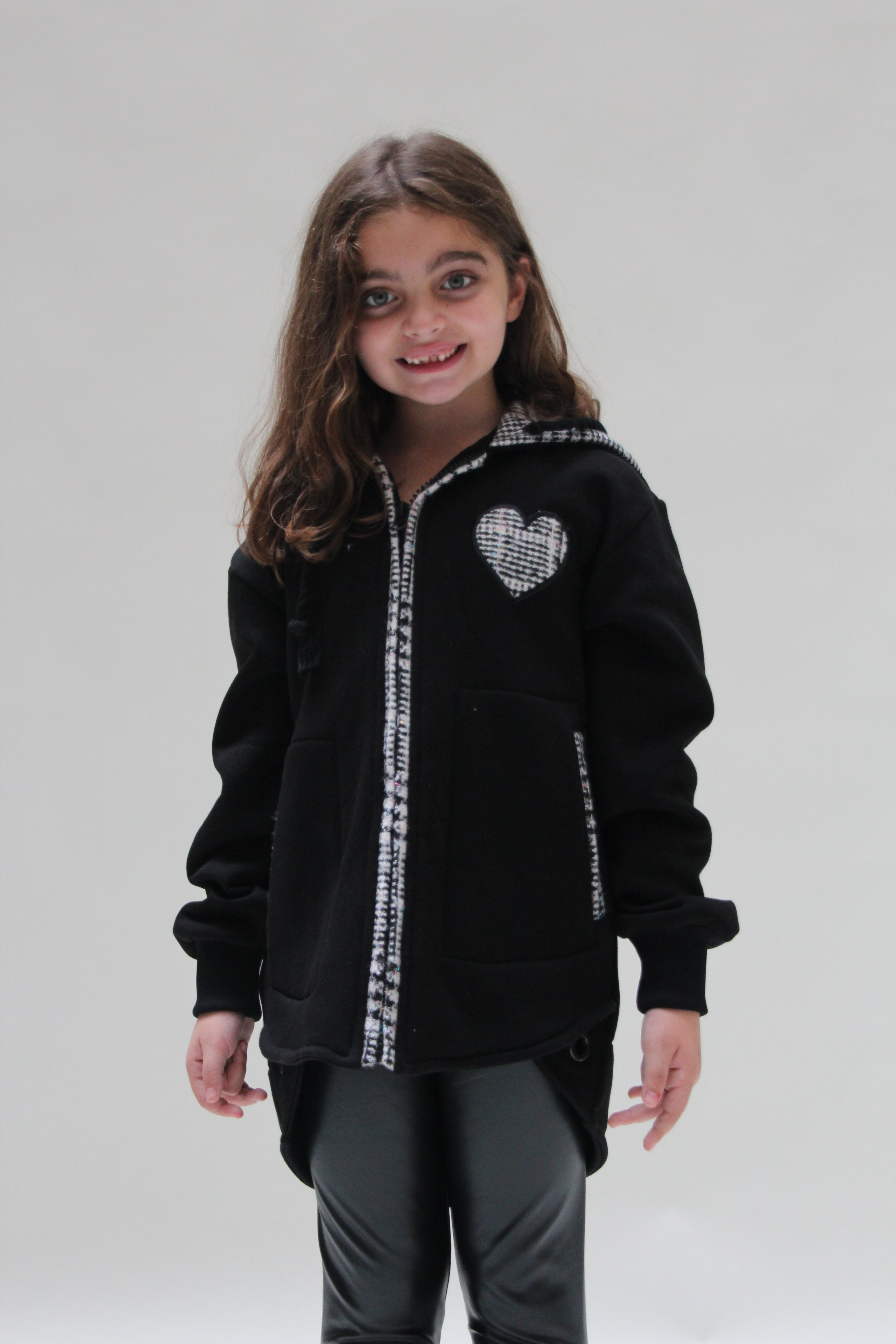 Oversized Ecossais Jacket For Girls - Black - Pear