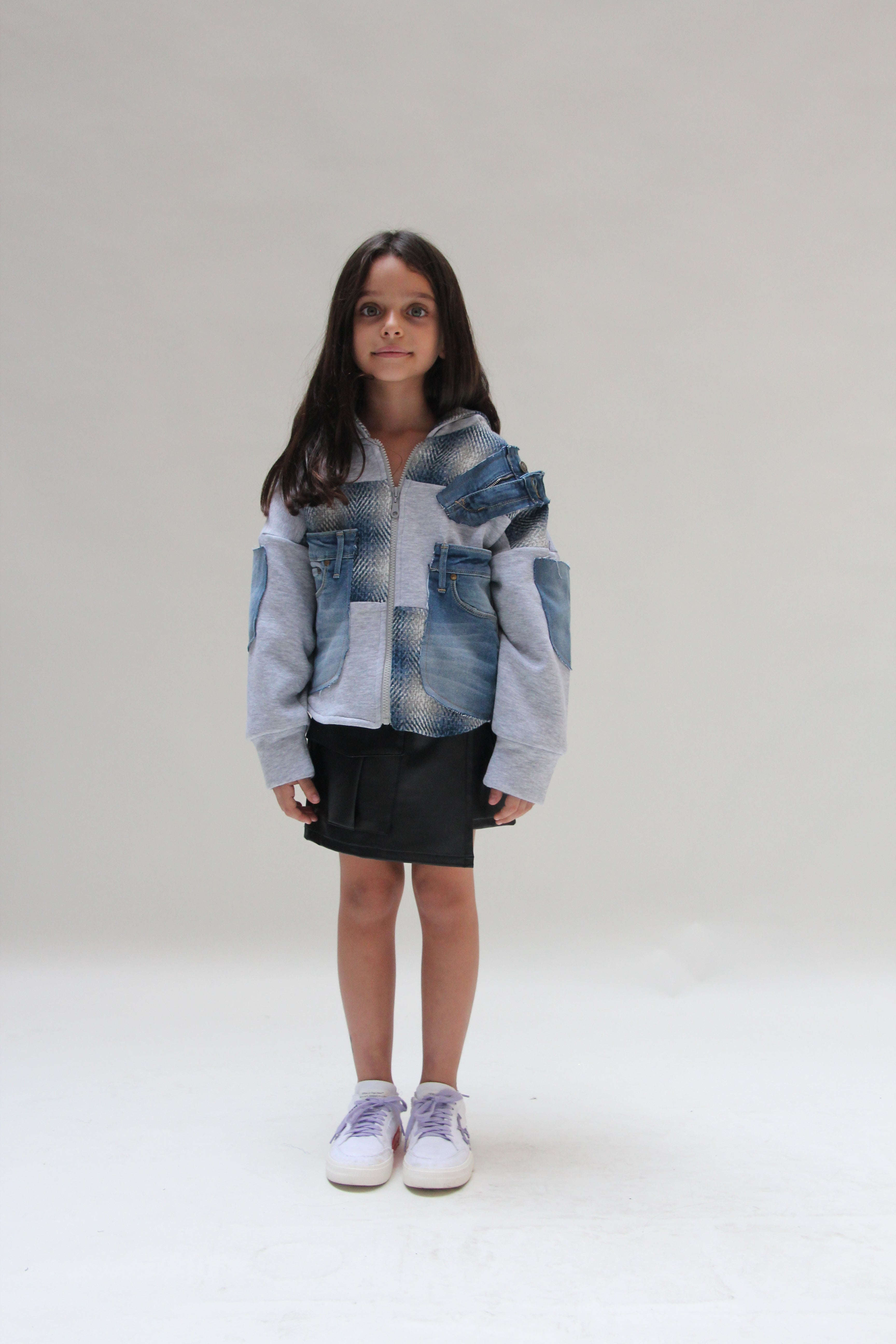 Patchwork Denim Ecossais Jacket For Girls - Grey - Pear