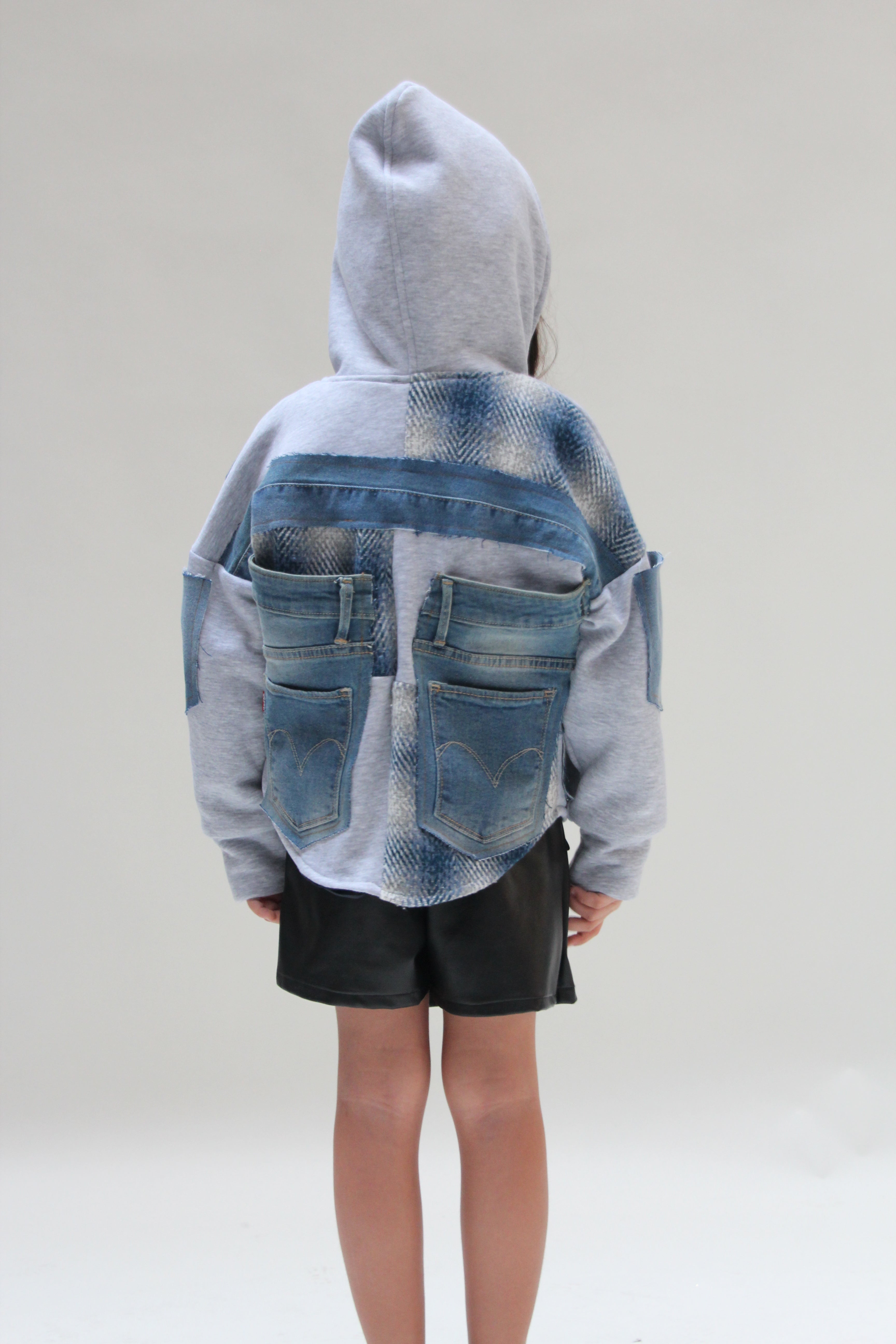 Patchwork Denim Ecossais Jacket For Girls - Grey - Pear