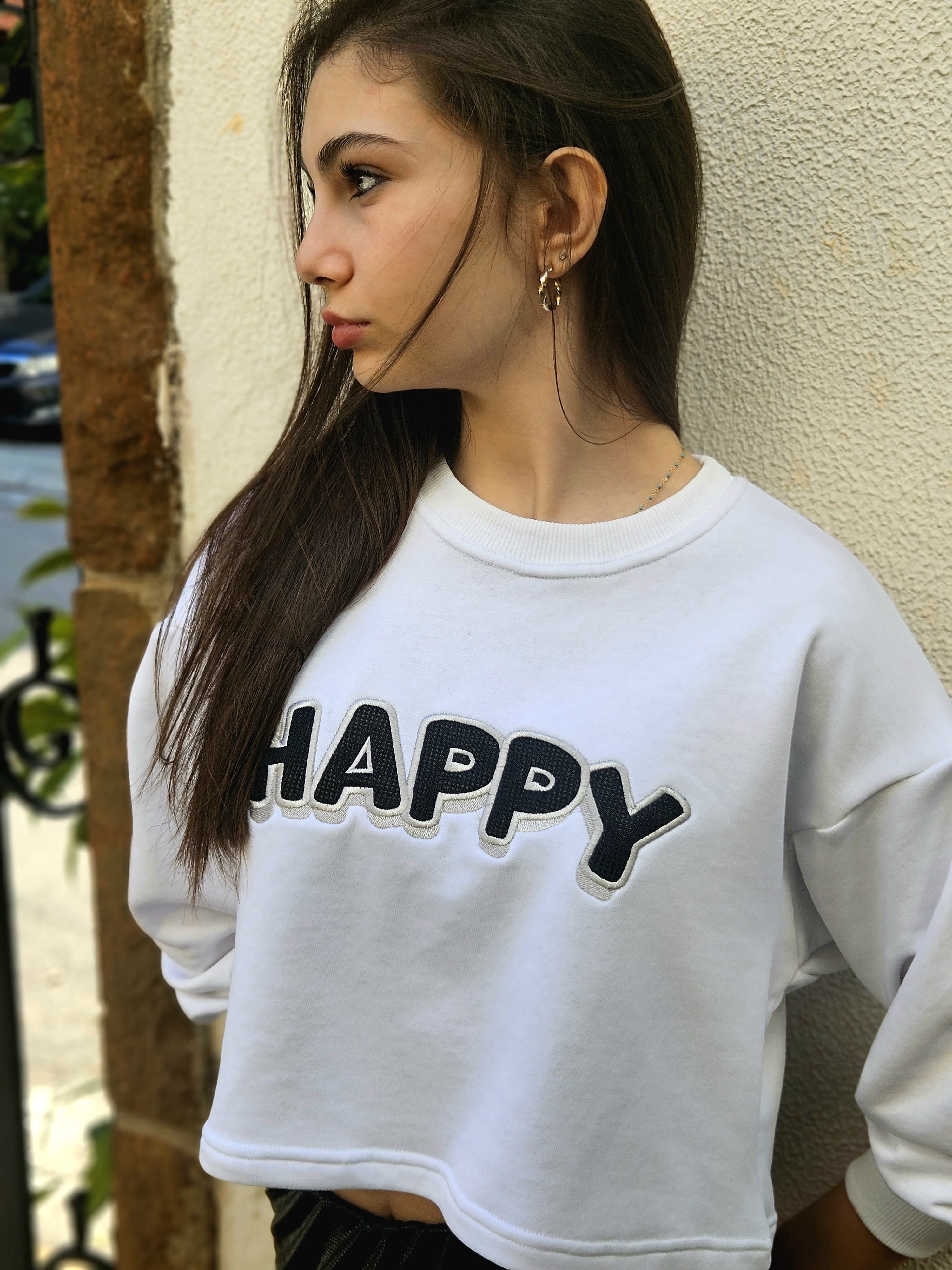 Happy Embroidered Sweatshirt - Pear