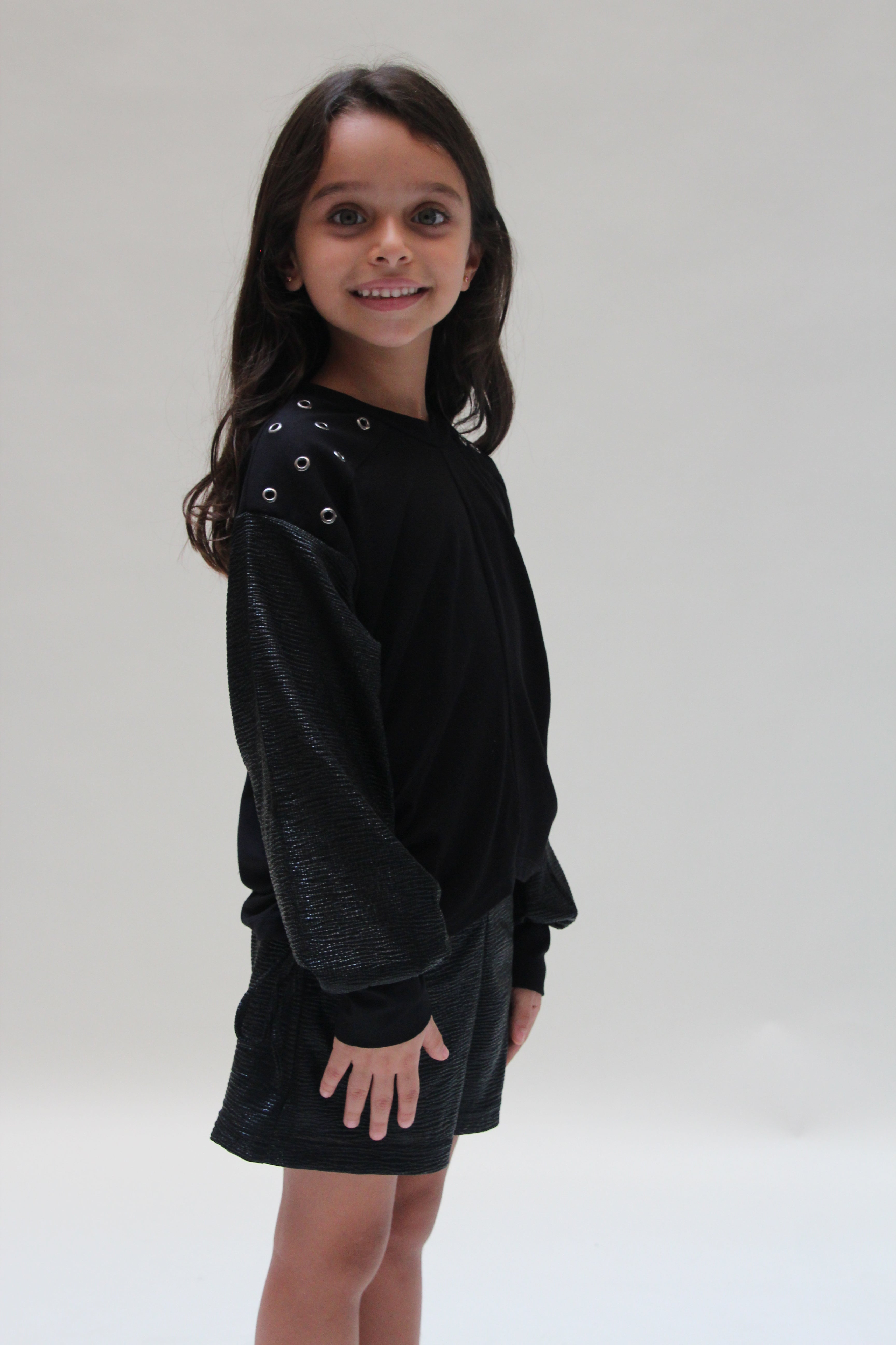 Studded Top with Shiny Sleeves For Girls - Black - Pear