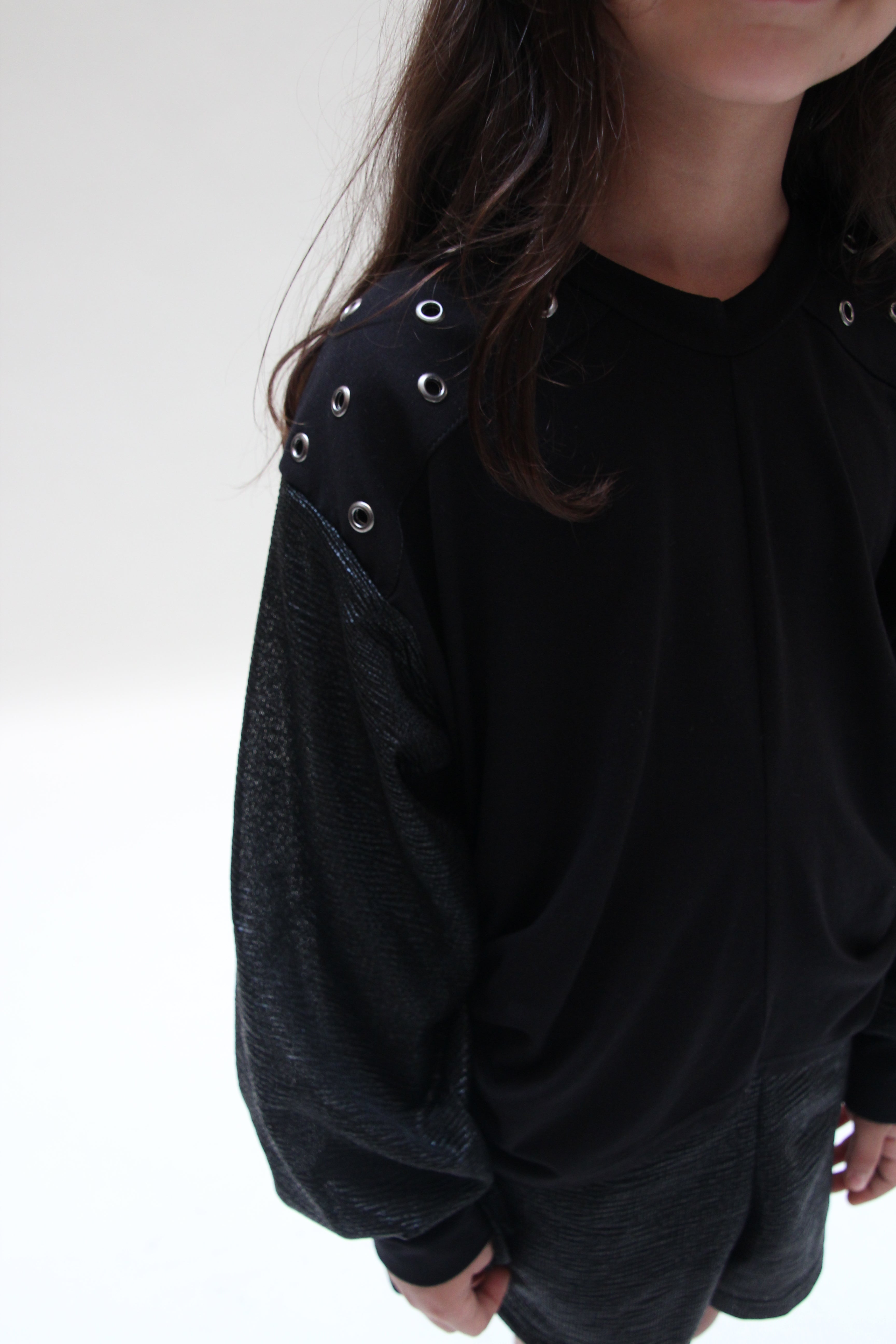 Studded Top with Shiny Sleeves For Girls - Black - Pear