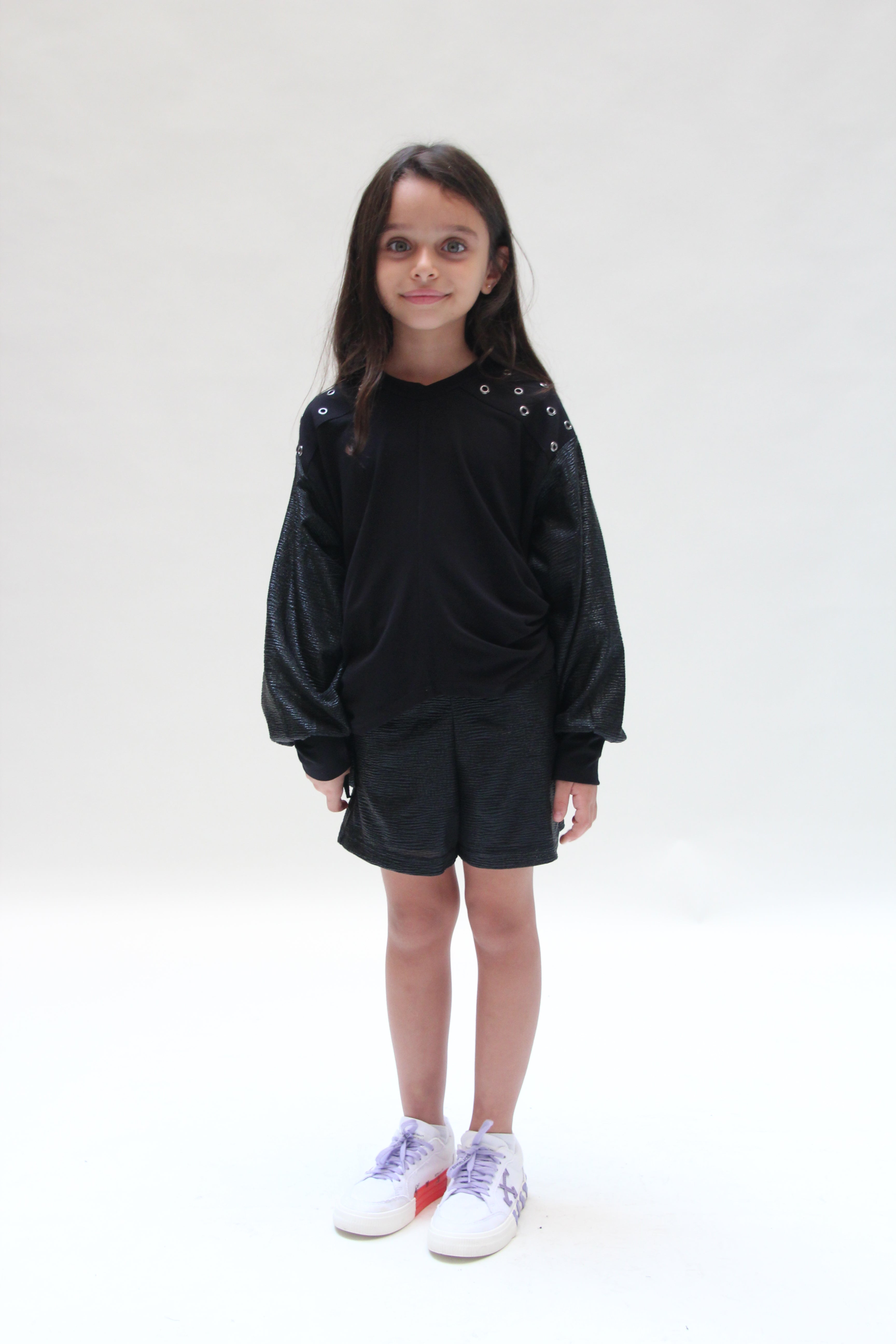 Studded Top with Shiny Sleeves For Girls - Black - Pear