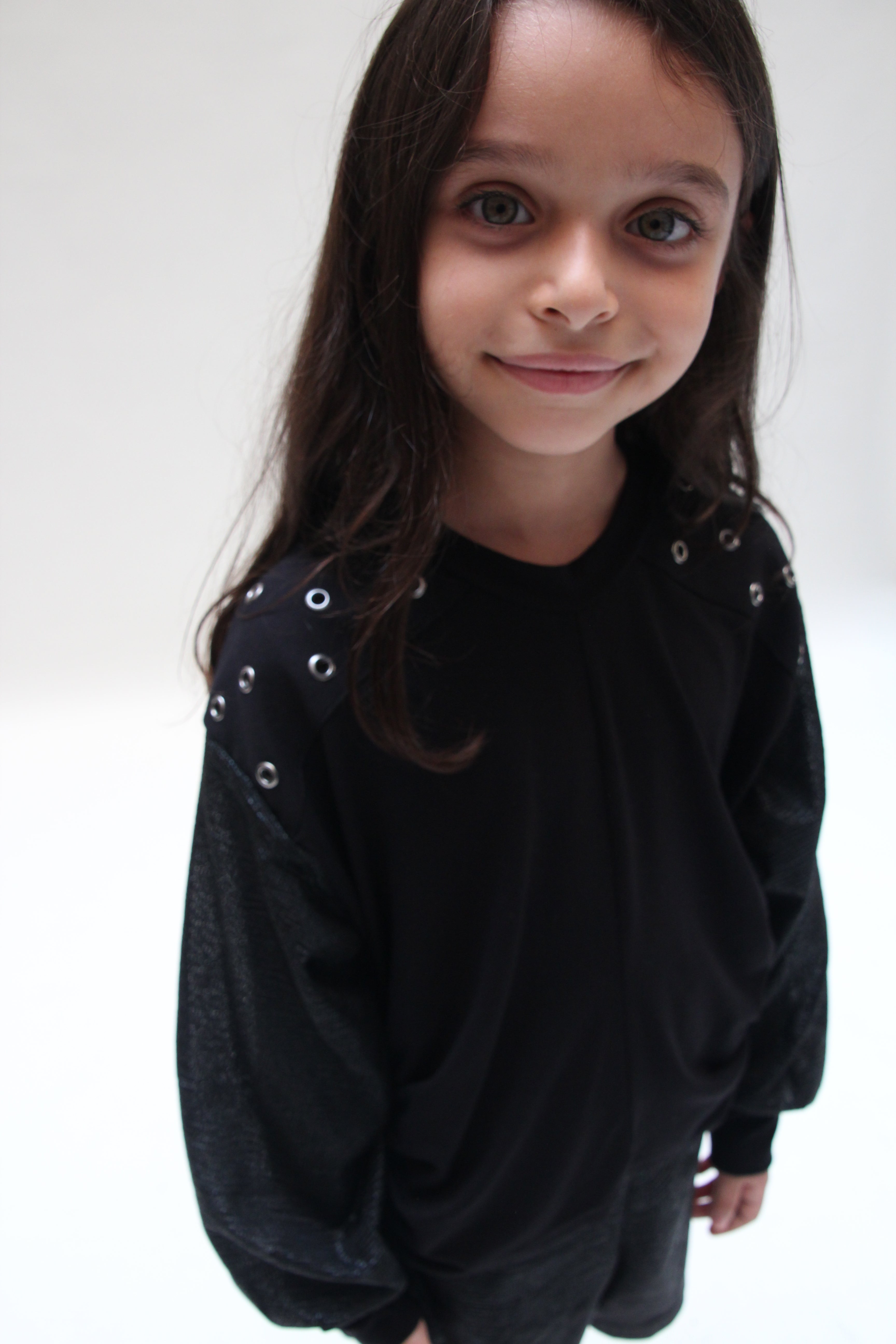 Studded Top with Shiny Sleeves For Girls - Black - Pear