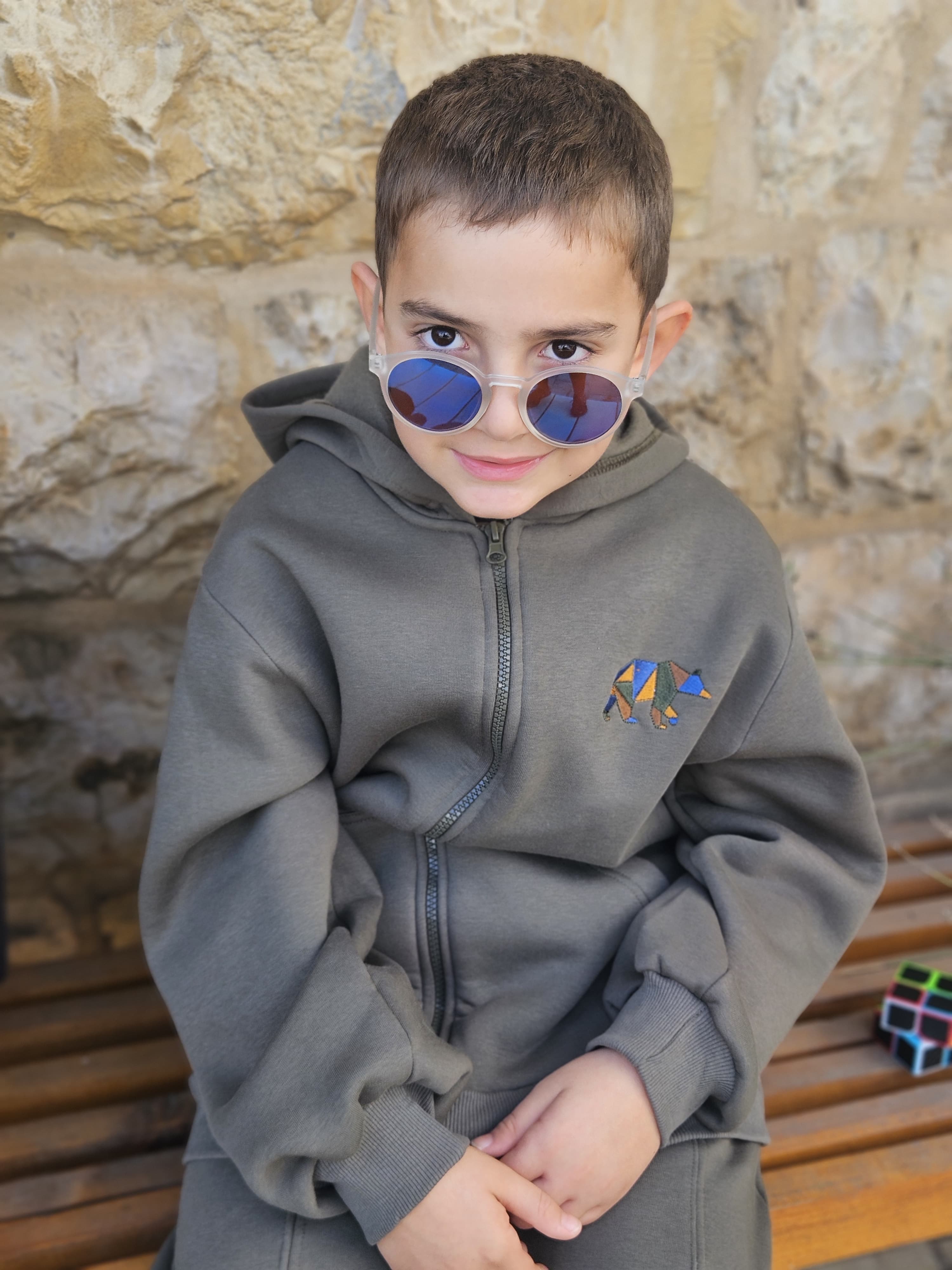 Bear Embroidered Fleece Jacket with Hoodie