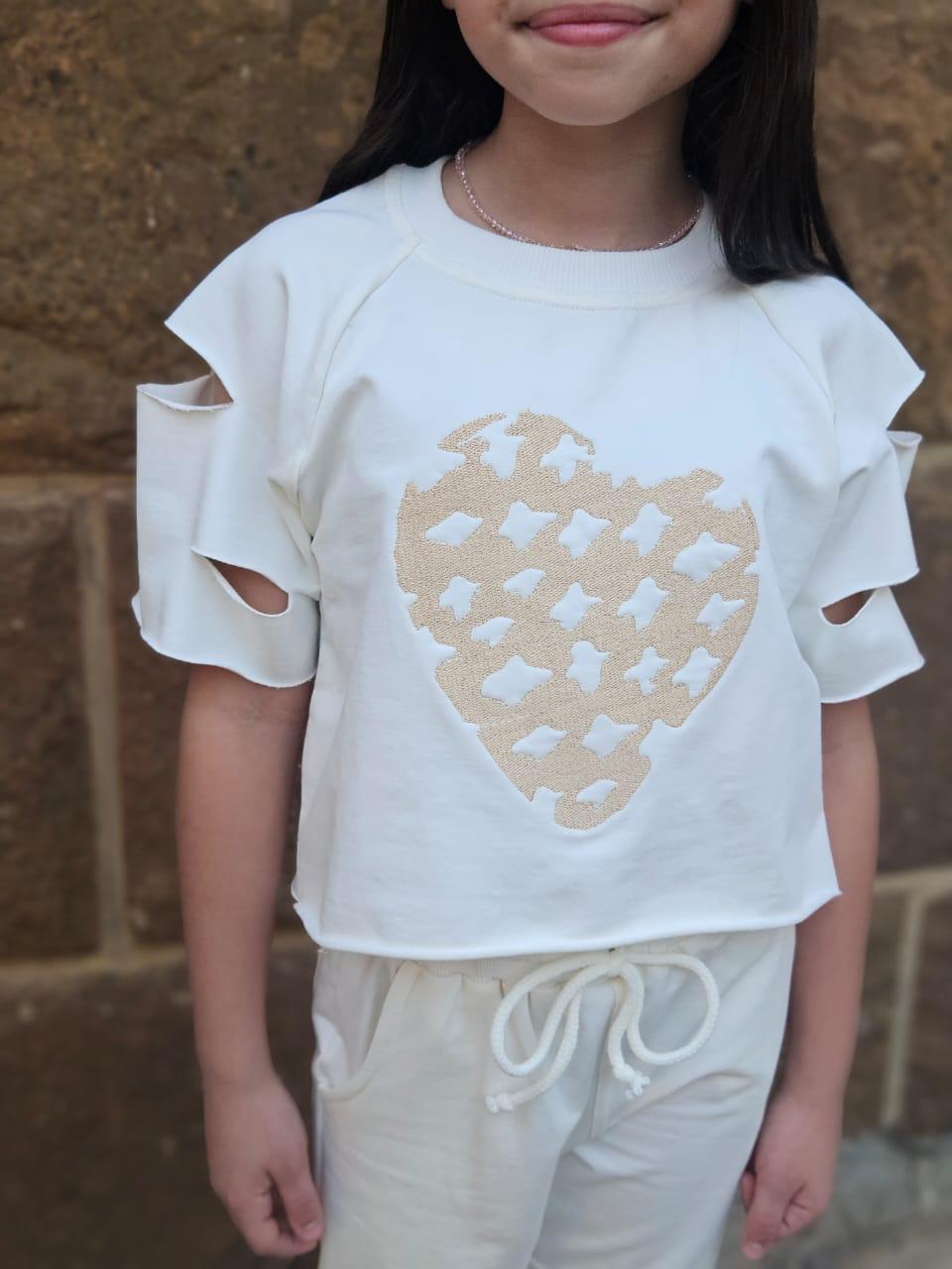 Heart Embroidered Top With Cutout Sleeves - Girls