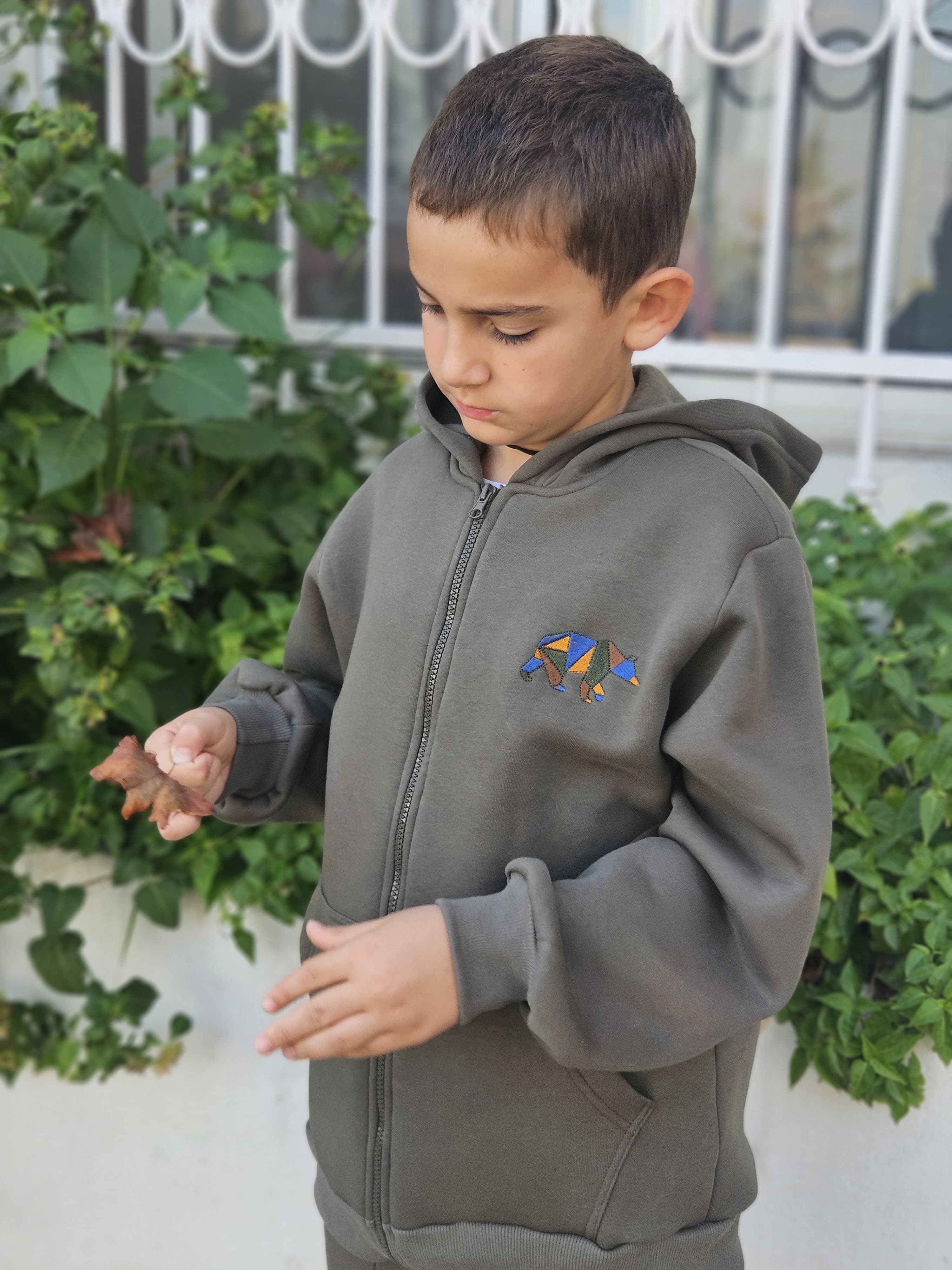 Bear Embroidered Fleece Jacket with Hoodie