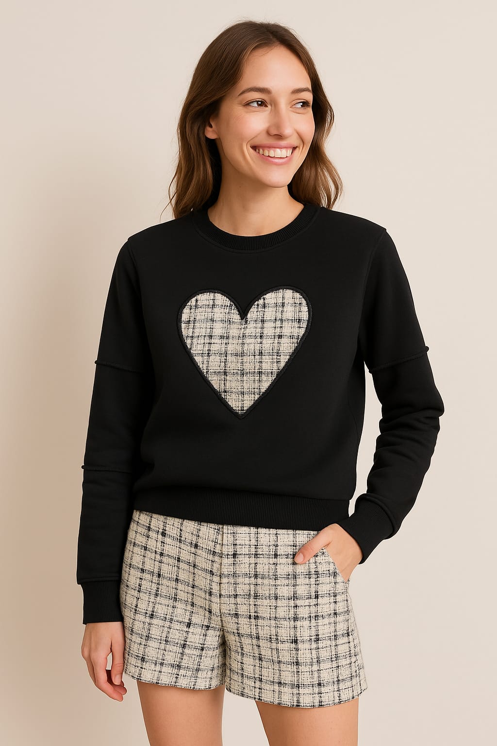 Heart Embroidered Sweatshirt with Nonfinished Sleeves