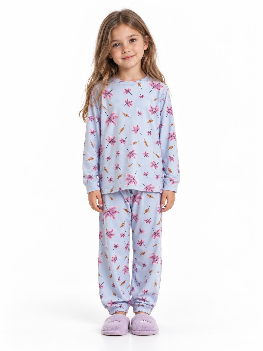 Autumn Leaves Pyjama Set For Girls - Blue