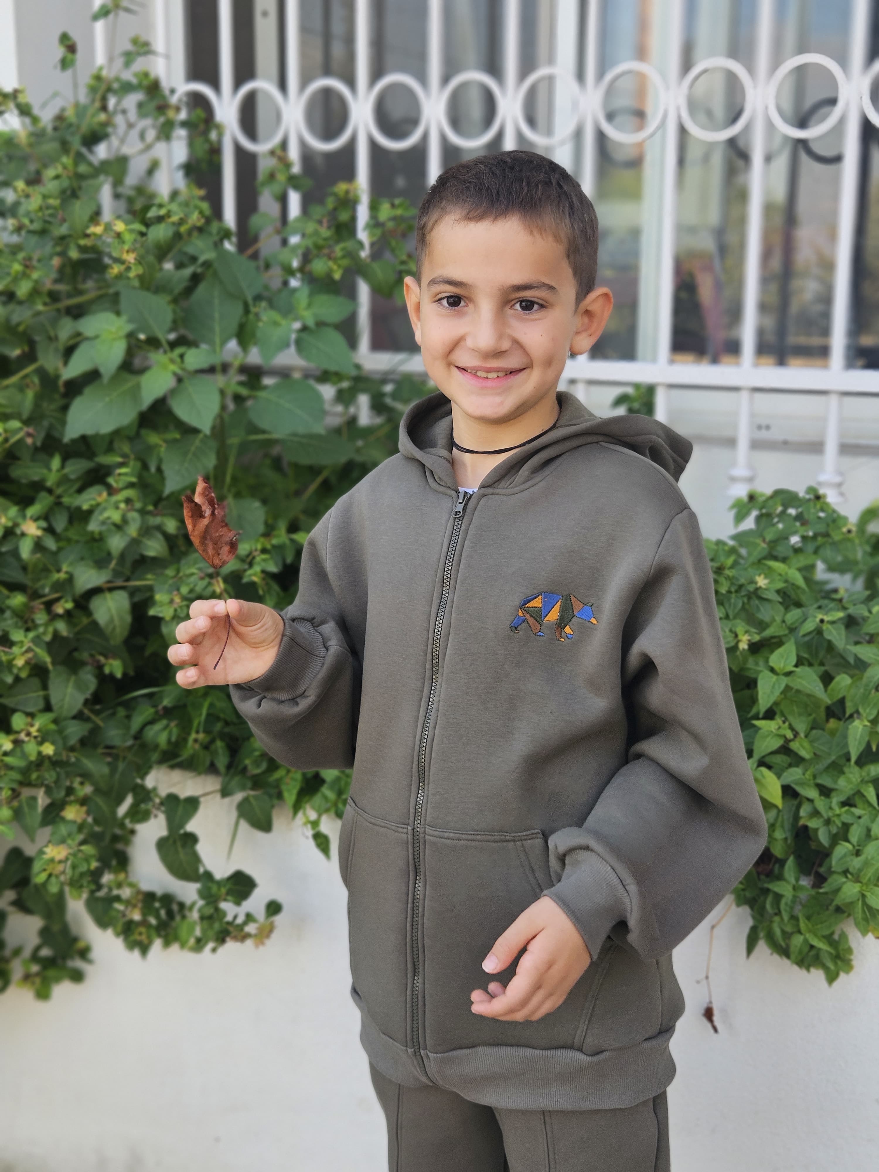 Bear Embroidered Fleece Jacket with Hoodie