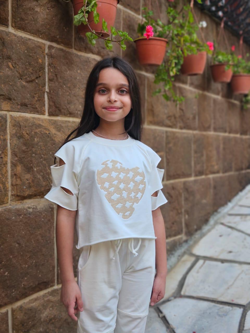 Heart Embroidered Top With Cutout Sleeves - Girls