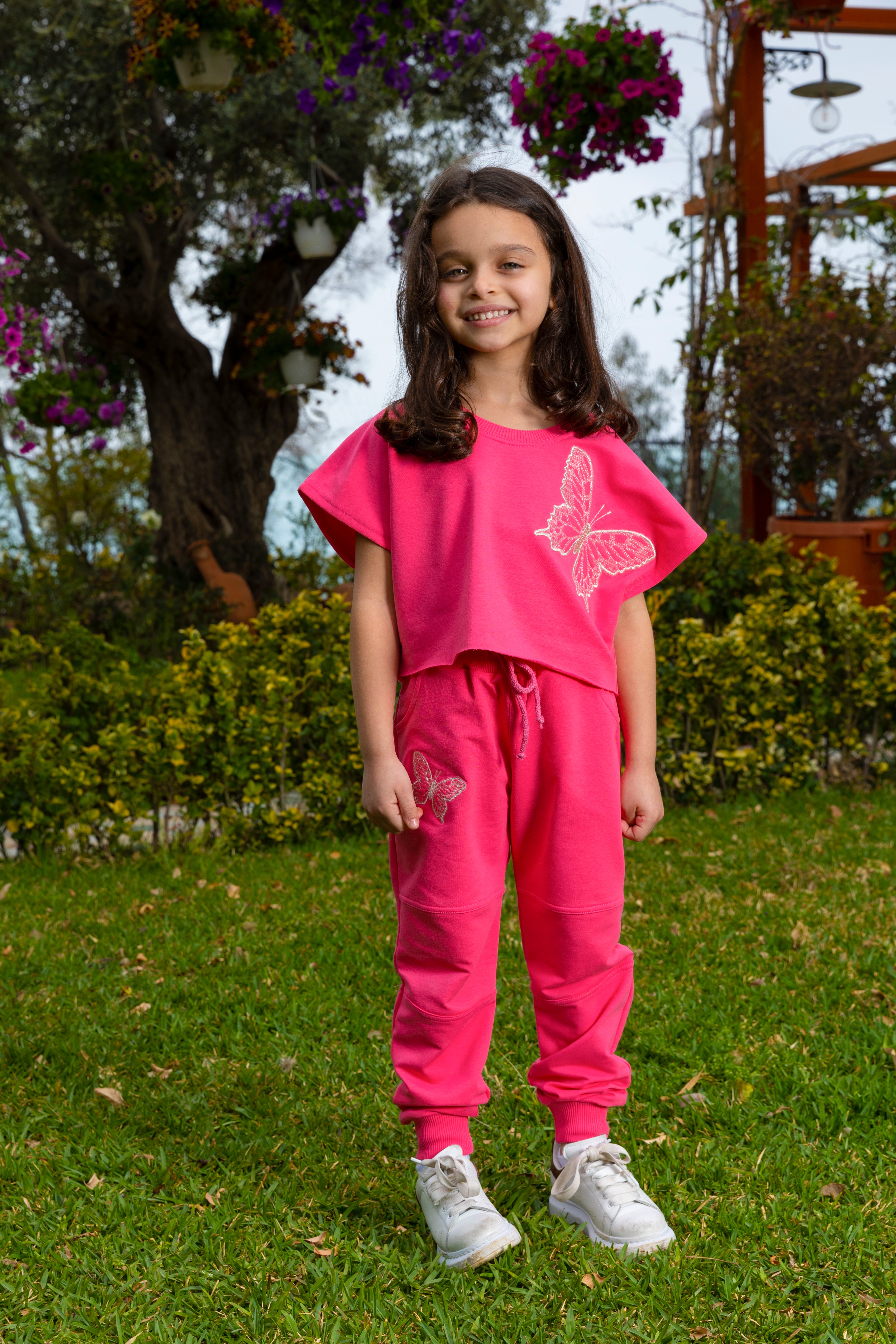 Butterfly Embroidered Sweat Pant For Girls - Fuchsia