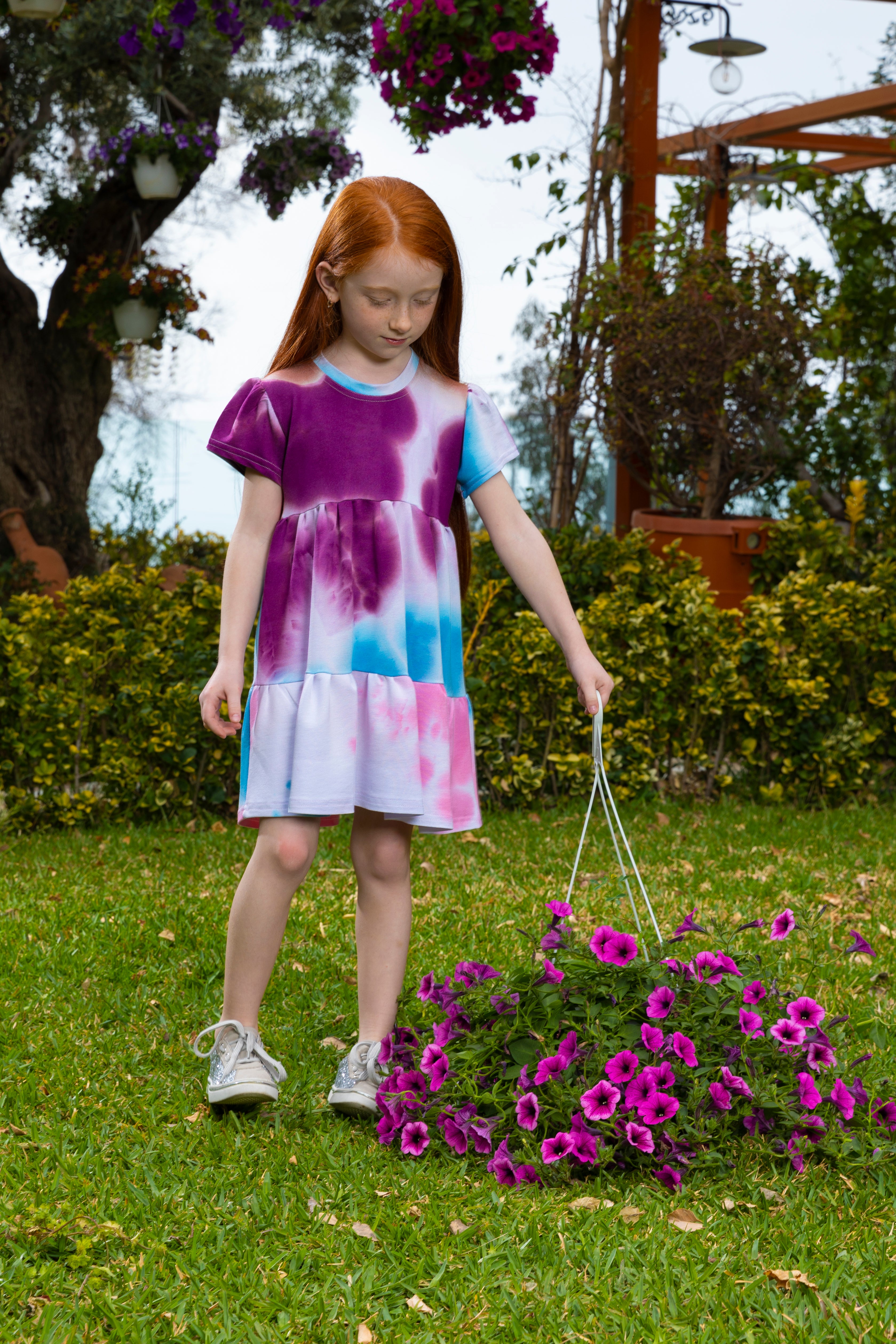 Tie Dye Dress With Pleated Sleeves For Girls - Pink