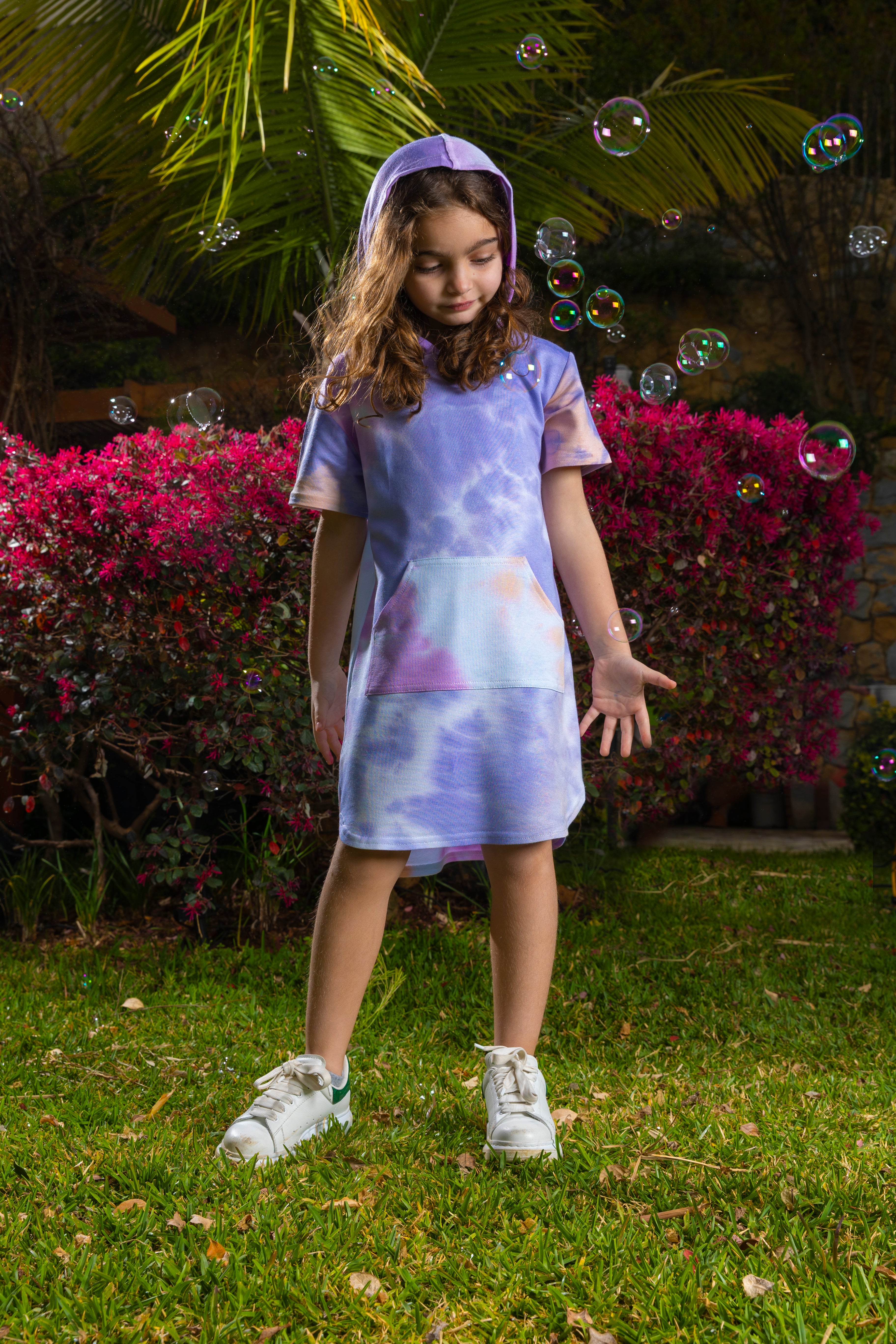 Tie Dye Dress With Hoodie For Girls - Purple