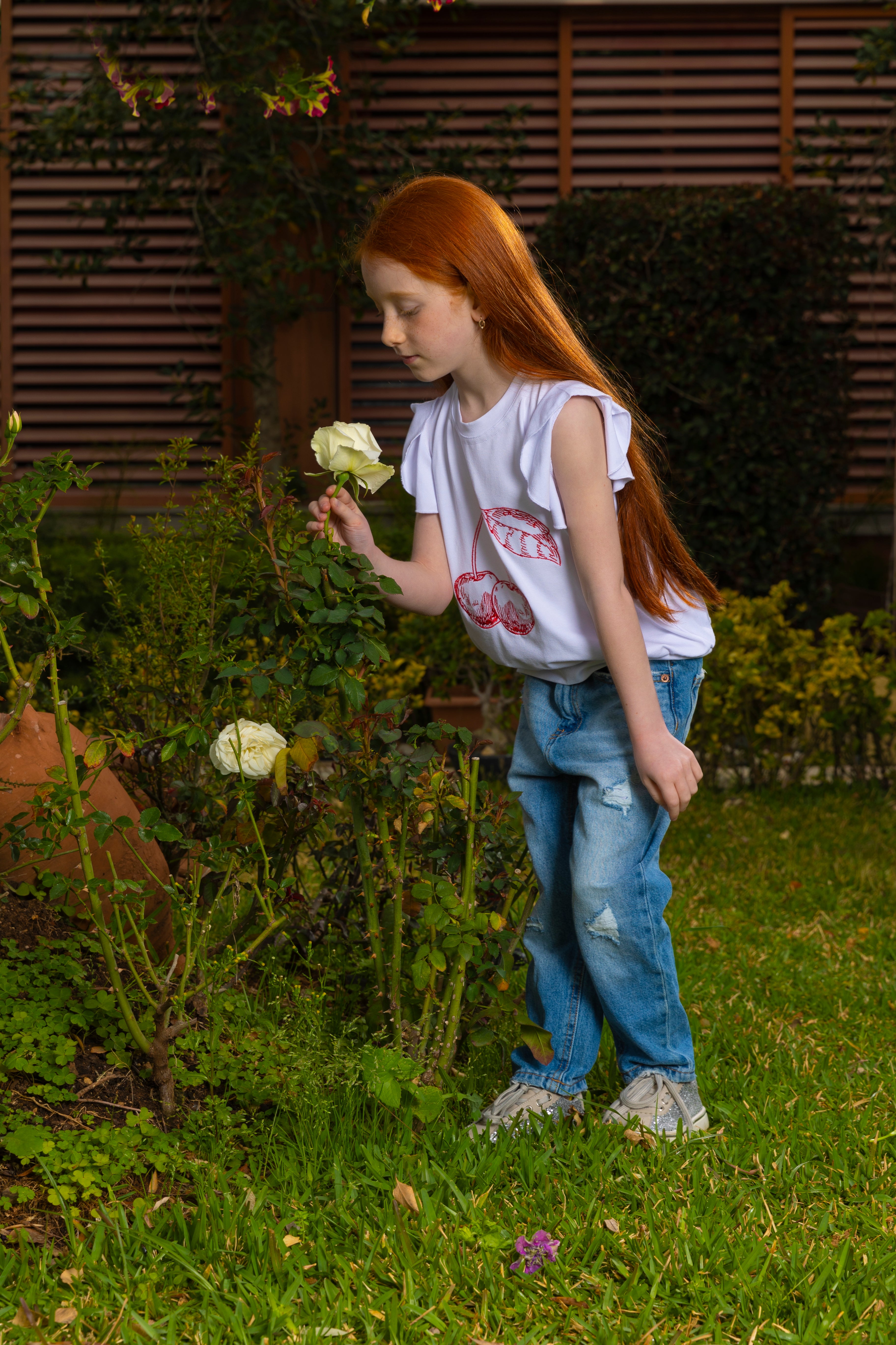 Cherry Embroidered Top For Girls - White