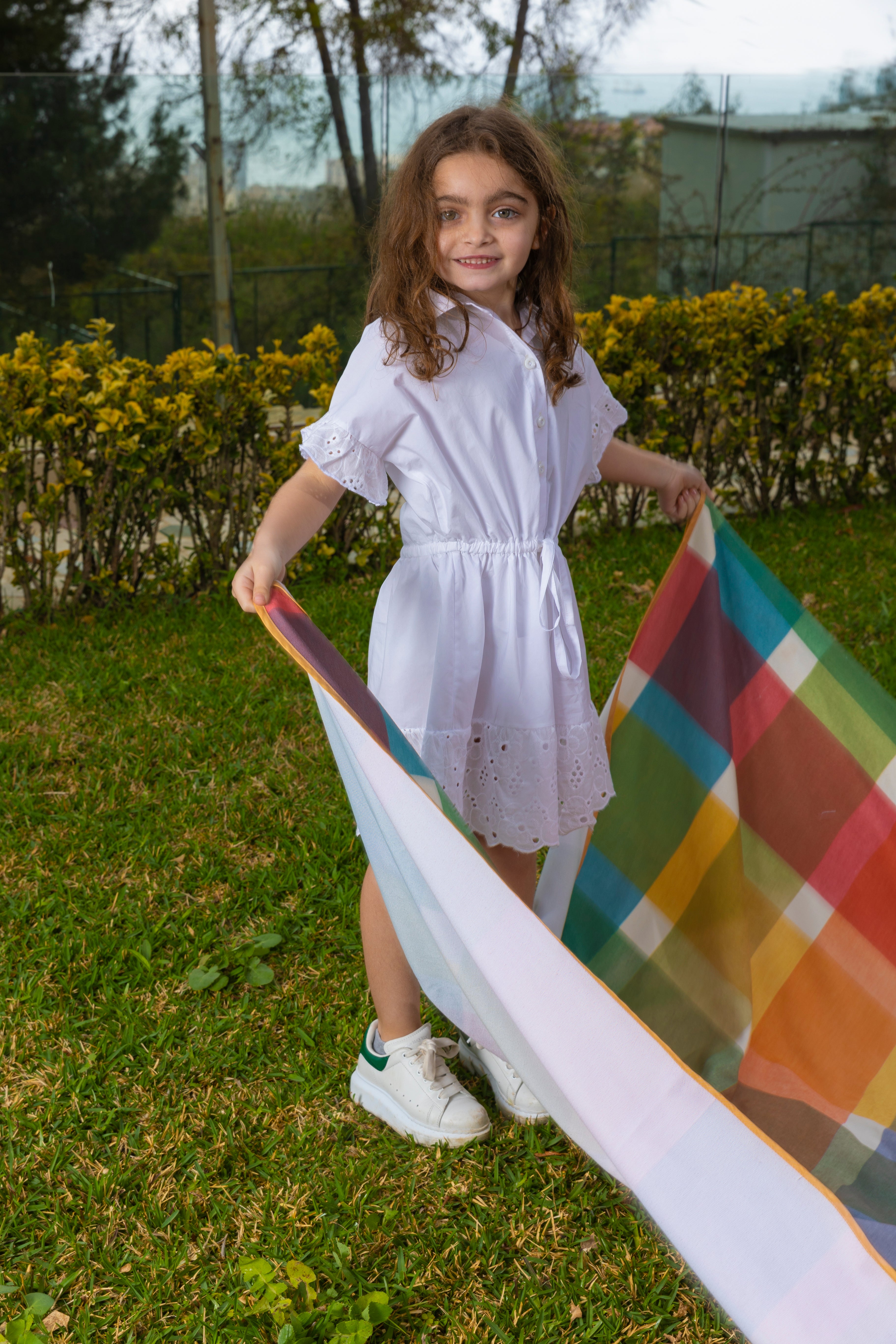 Popeline Shirt Dress With Borderie Anglaise Sleeves For Girls - White