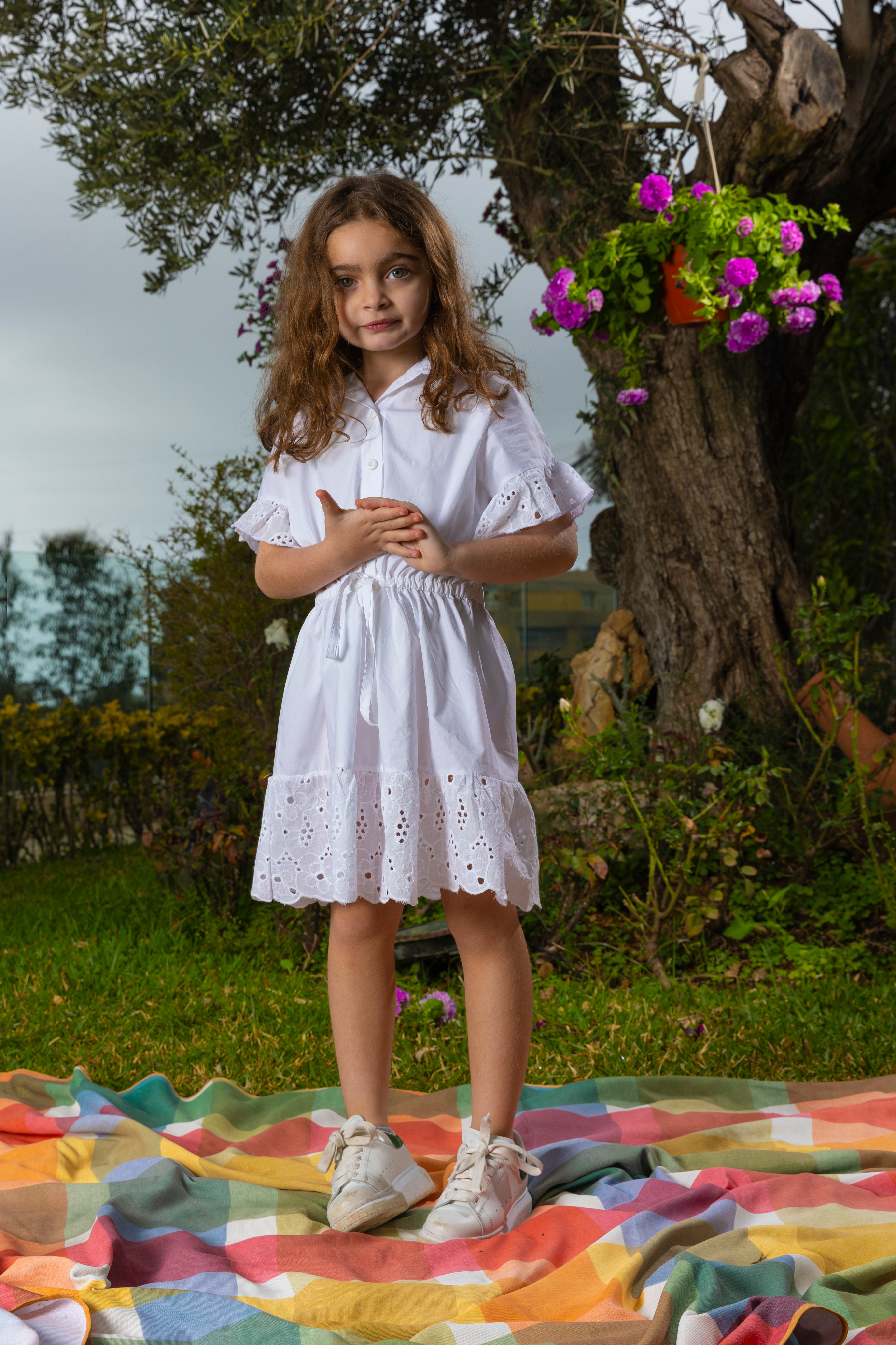 Popeline Shirt Dress With Borderie Anglaise Sleeves For Girls - White