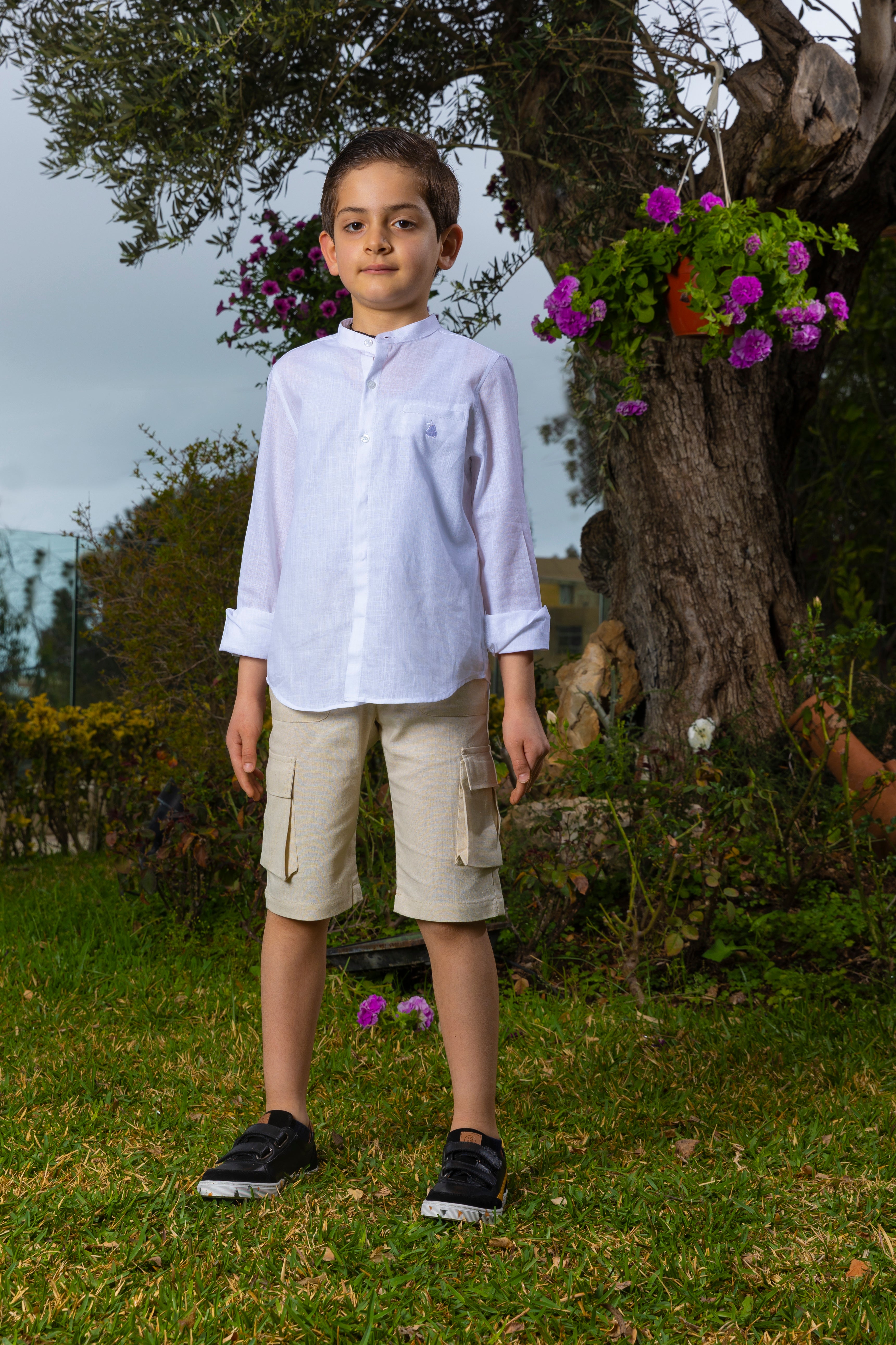 Col Mao Linen Shirt For Boys - Pink Striped