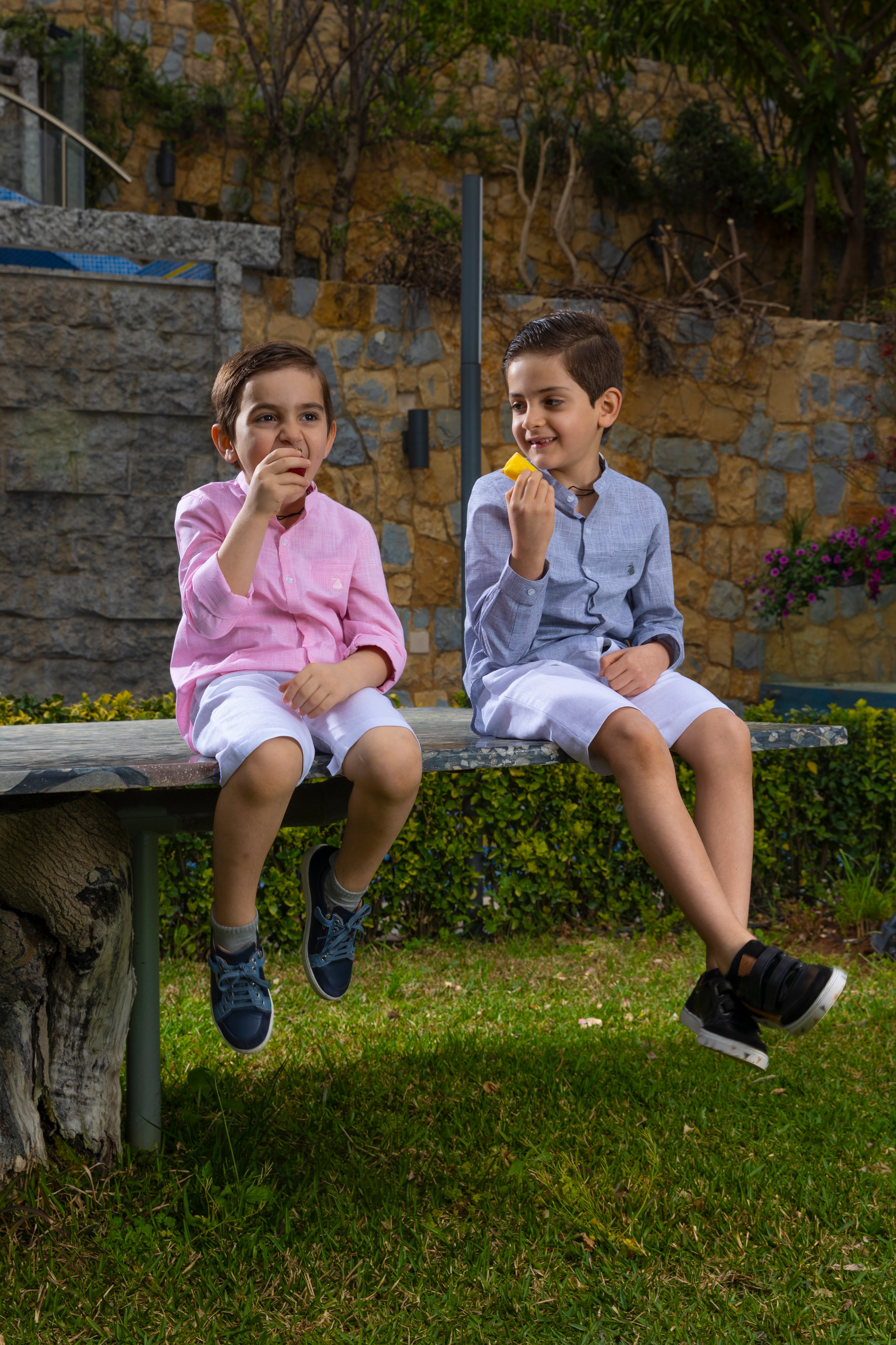 Col Mao Linen Shirt For Boys - Blue Striped