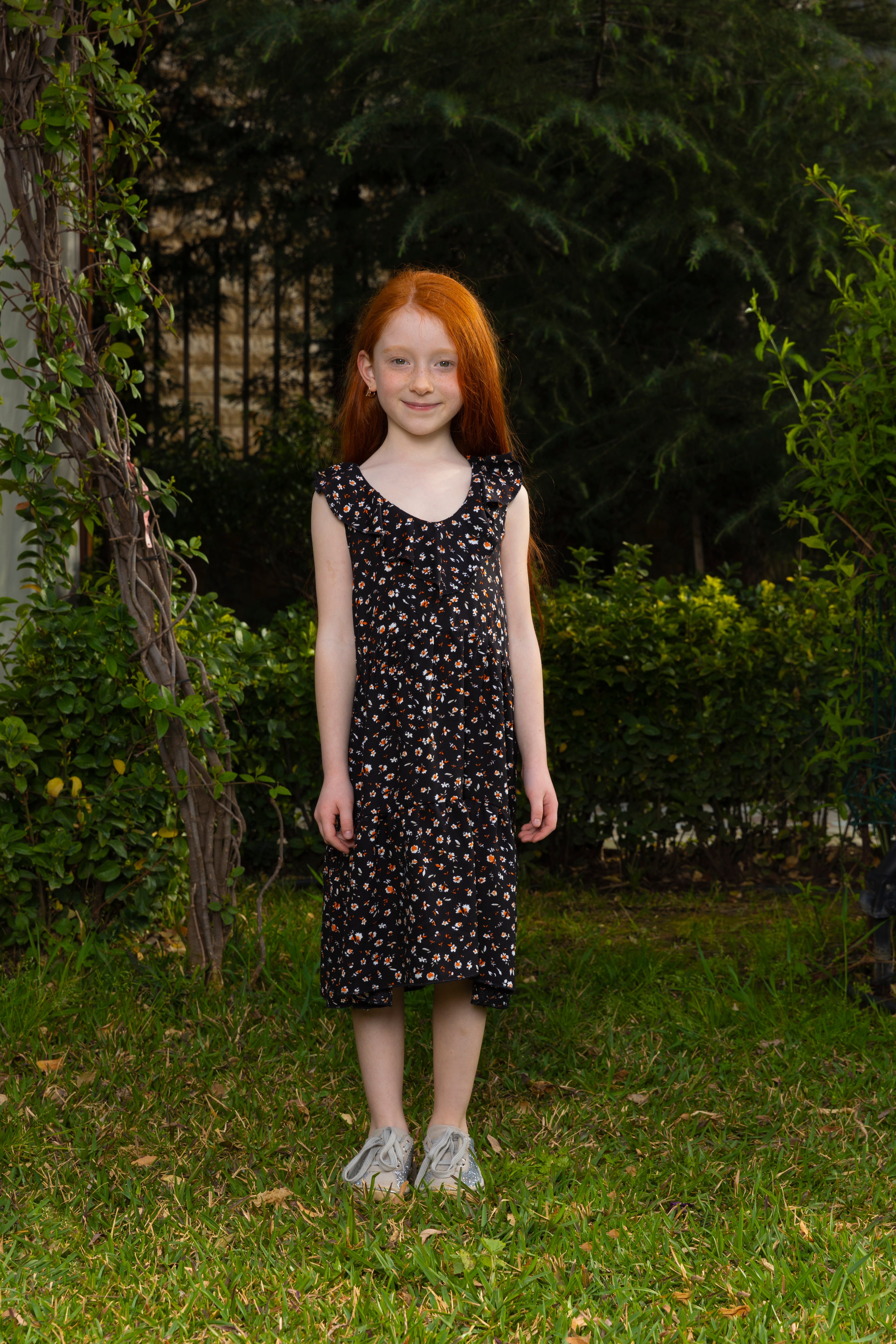 Floral Ruffled Dress For Girls - Black