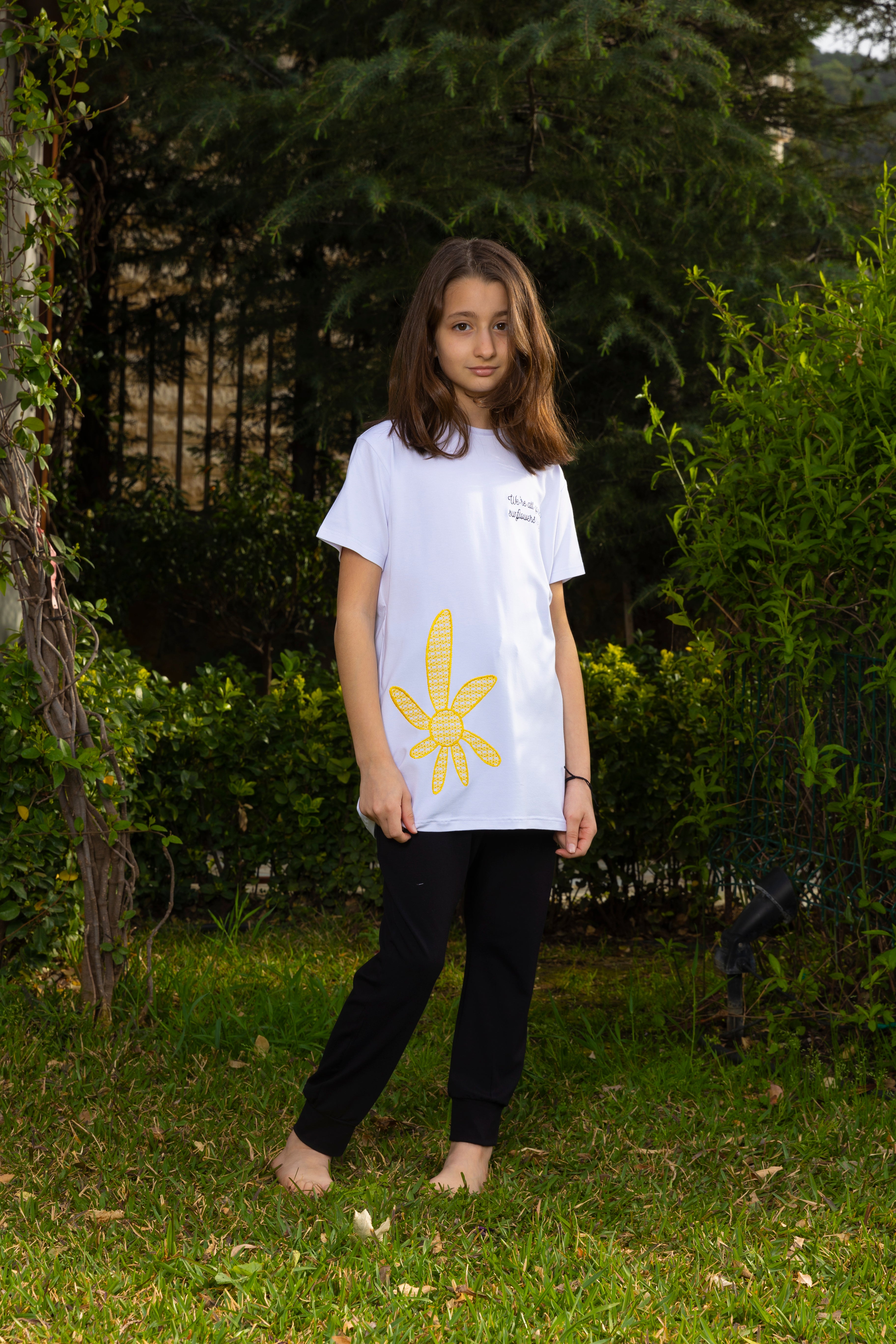 Sunflower Embroidred For Girls T-Shirt - White