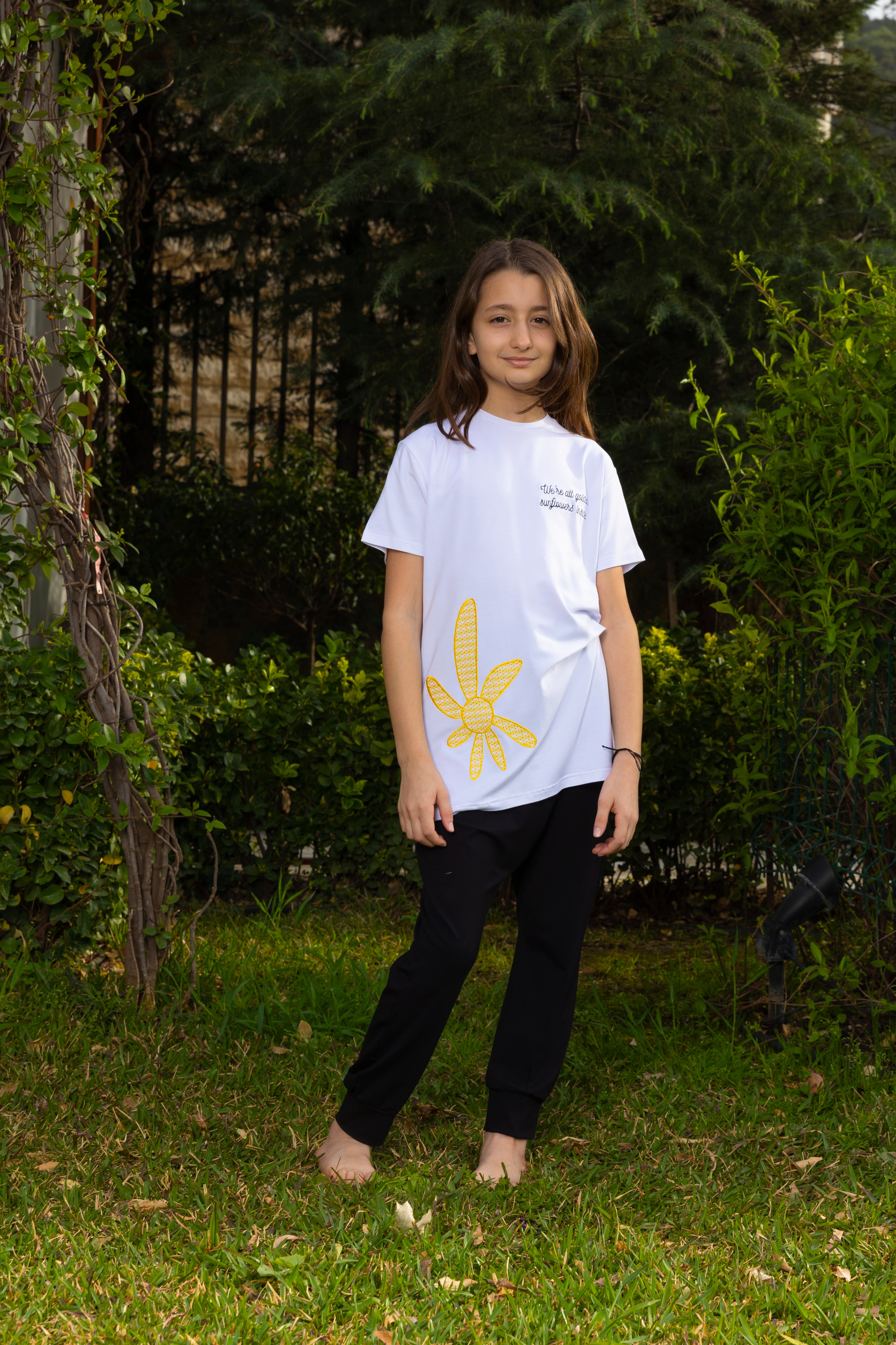 Sunflower Embroidred For Girls T-Shirt - White