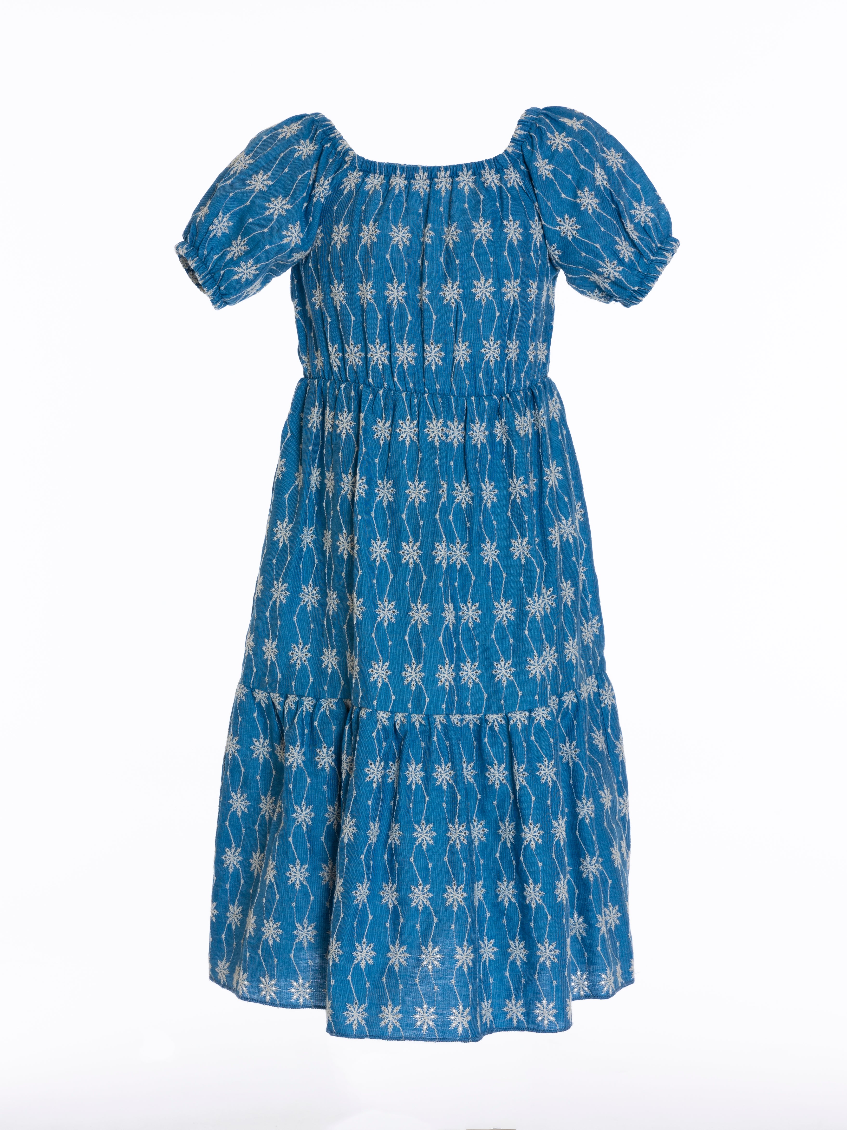 Denim Look Borderie Anglaise Dress For Girls - Denim Blue