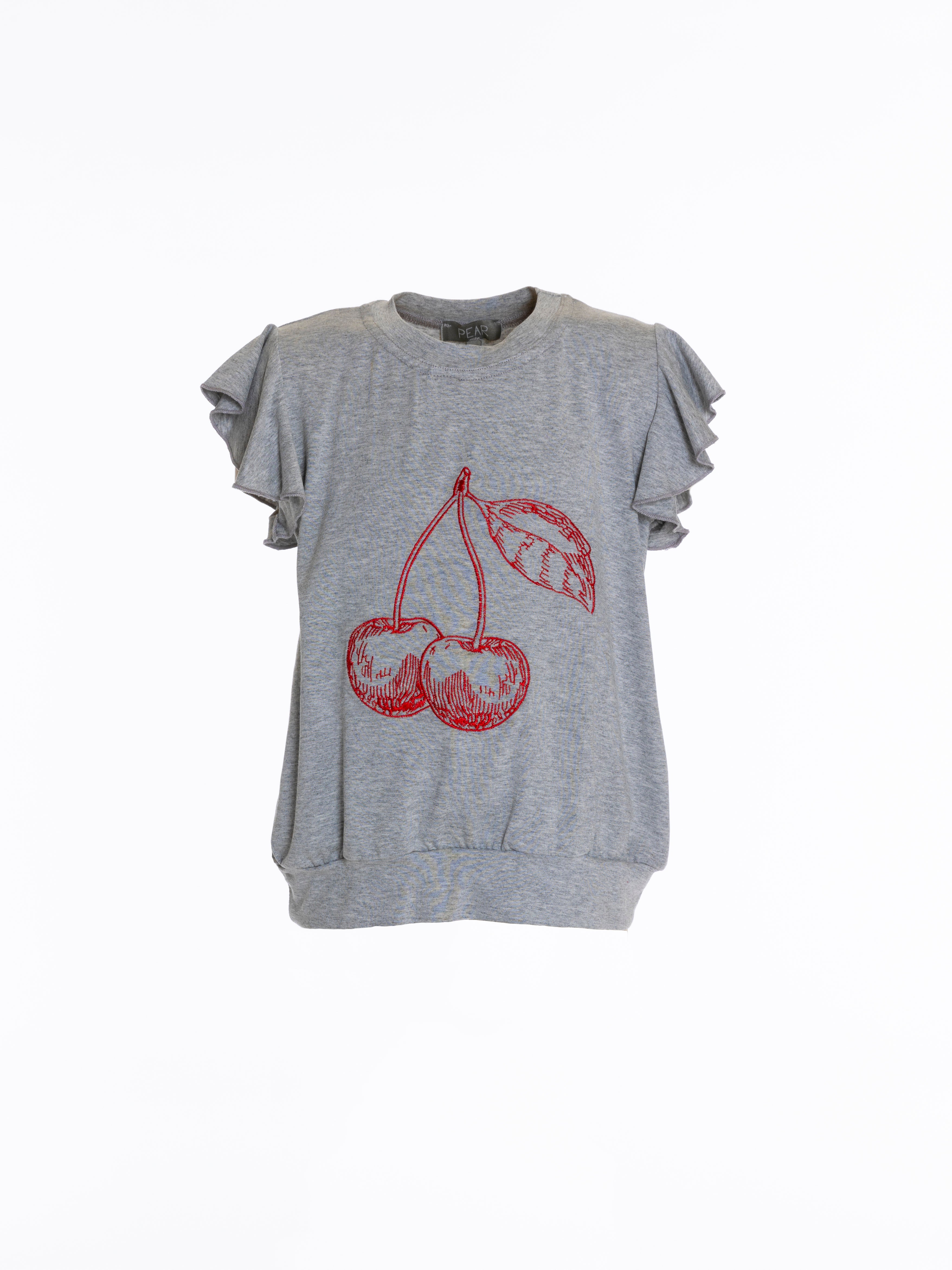 Cherry Embroidered Top For Girls - Grey