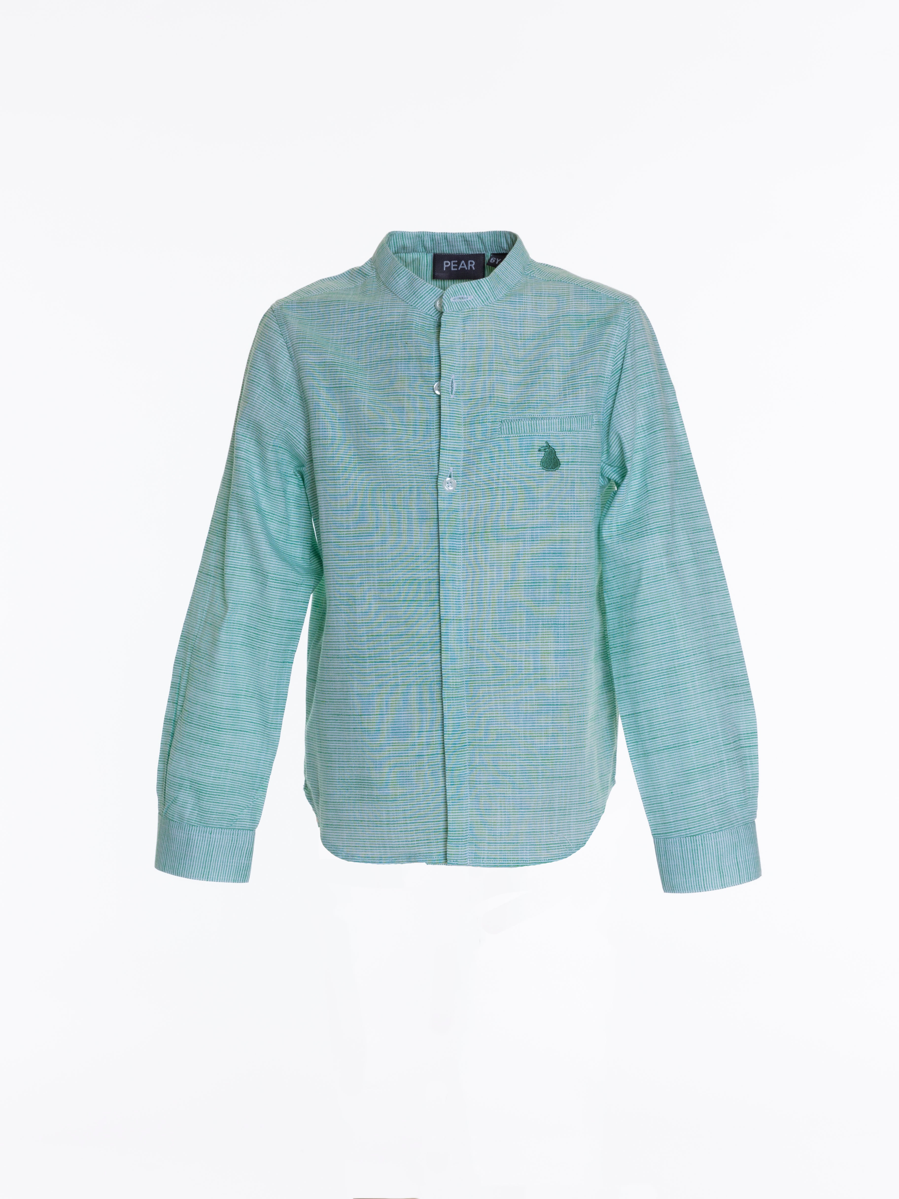 Col Mao Linen Shirt For Boys - Green Striped