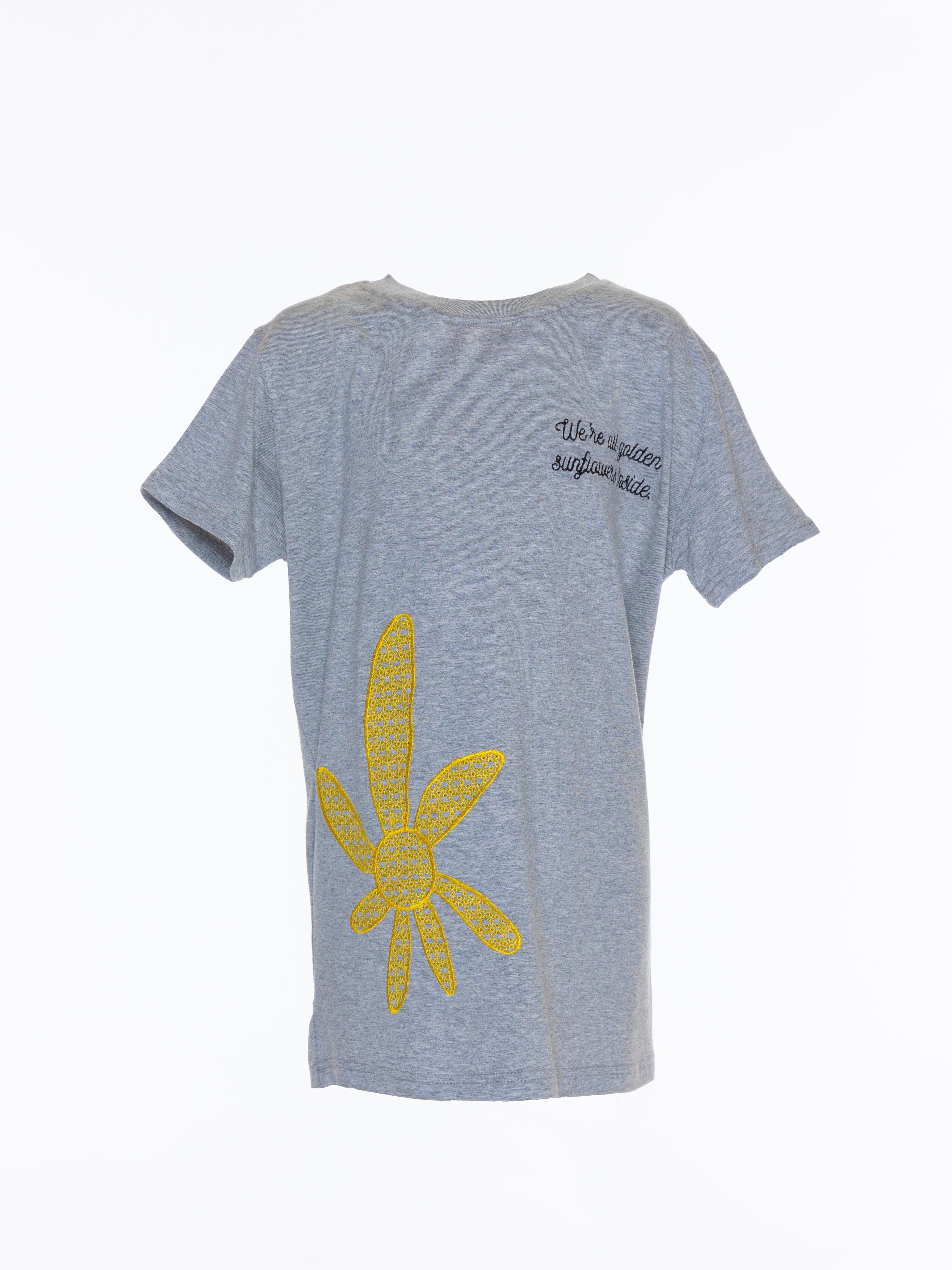 Sunflower Embroidred T-Shirt For Women - Grey