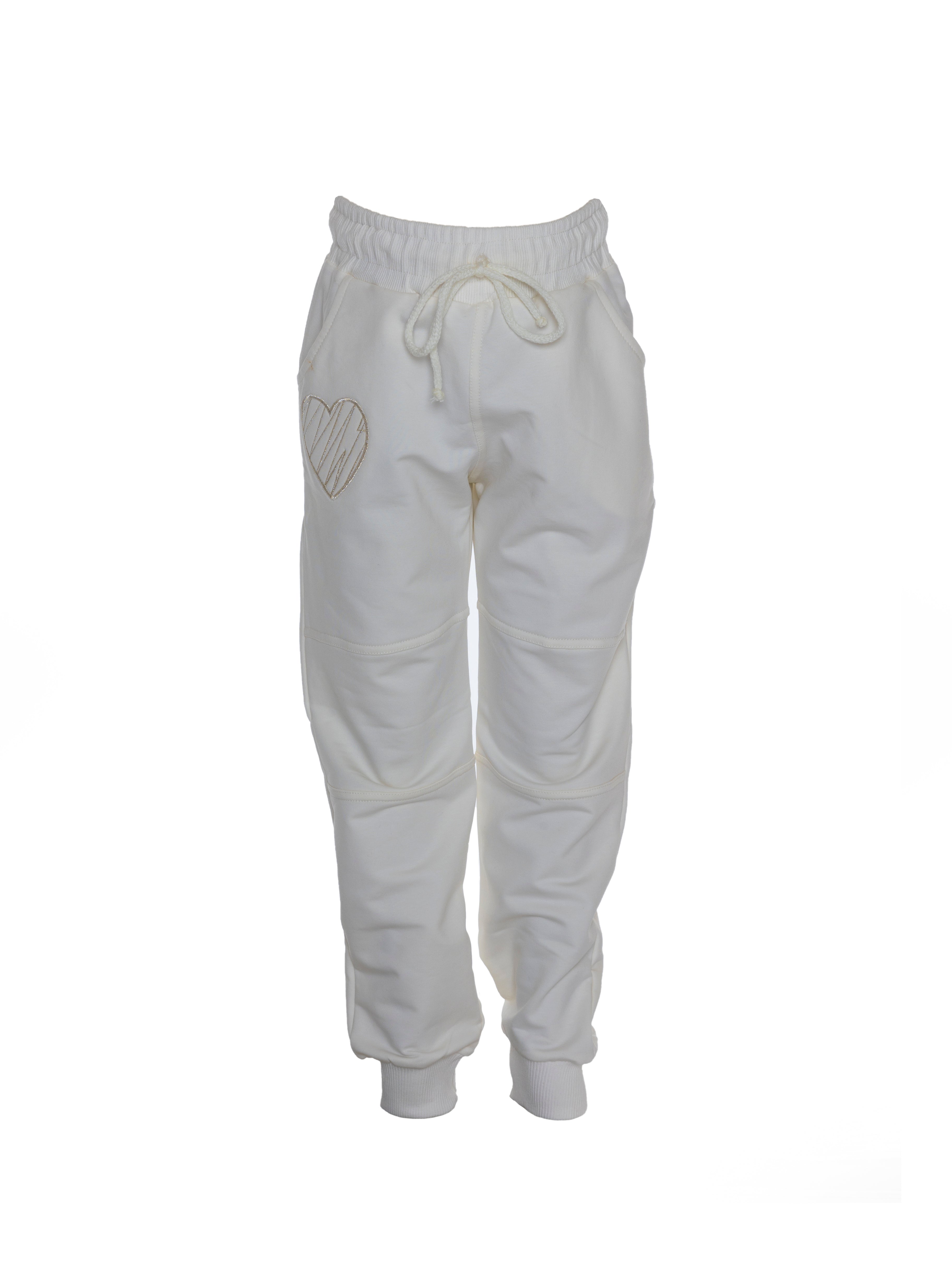 Heart Embroidred Sweat Pant For Girls - White