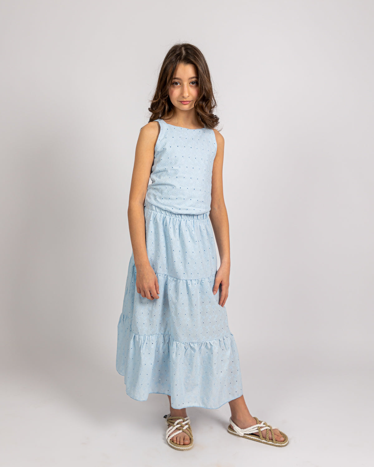 Broderie Anglaise Top + Long Skirt Set For Girls - Blue