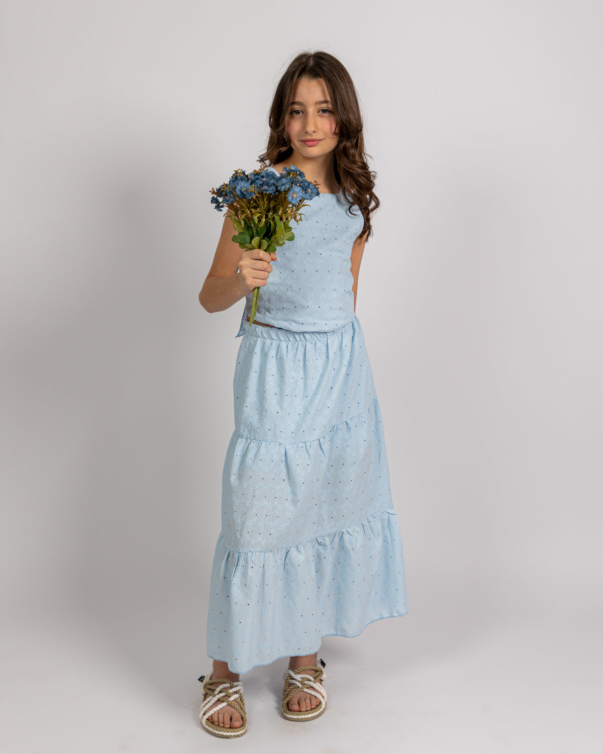 Broderie Anglaise Top + Long Skirt Set For Girls - Blue