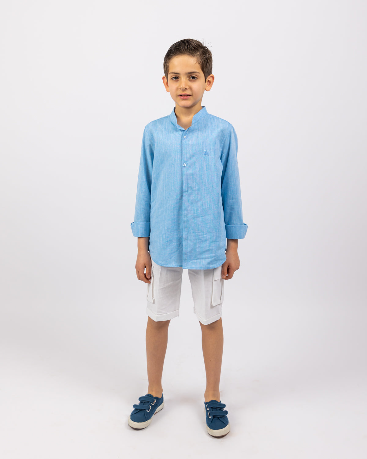 Col Mao Linen Shirt For Boys - Blue