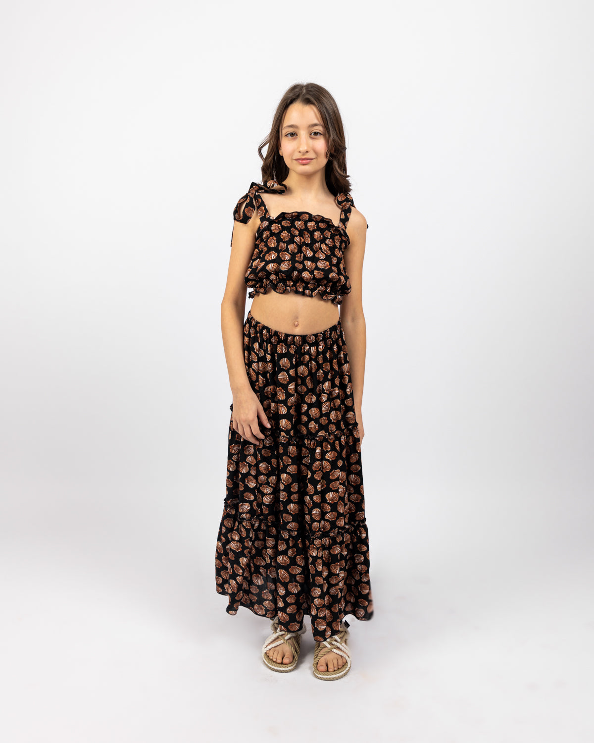 Seashell Crop Top With Matching Ruffled Skirt For Girls - Black