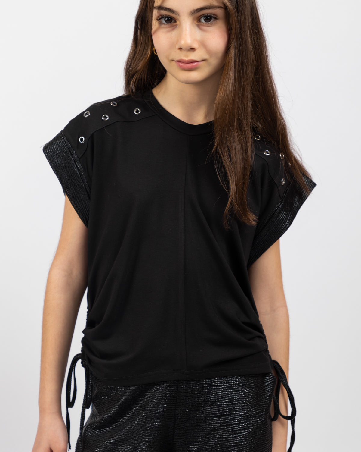 Studded Shoulder Top For Girls - Black