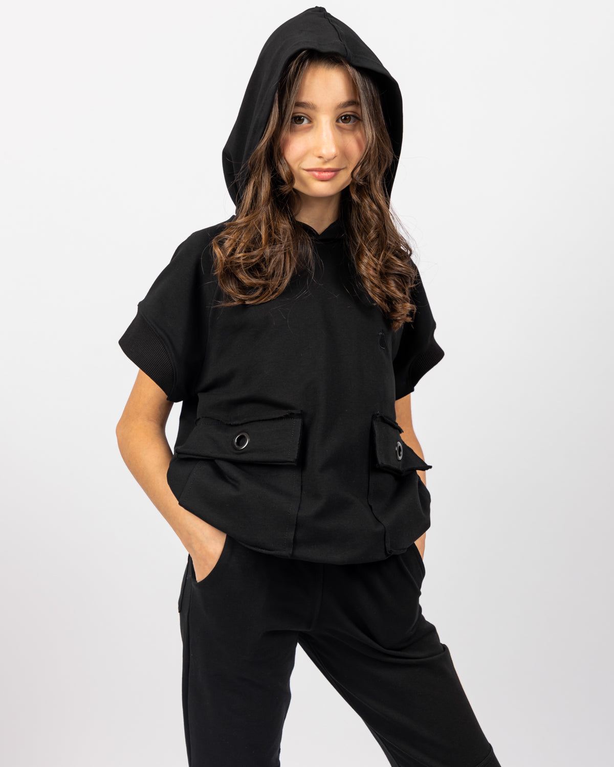 Cropped Sweatshirt with Big Pockets For Girls - Black