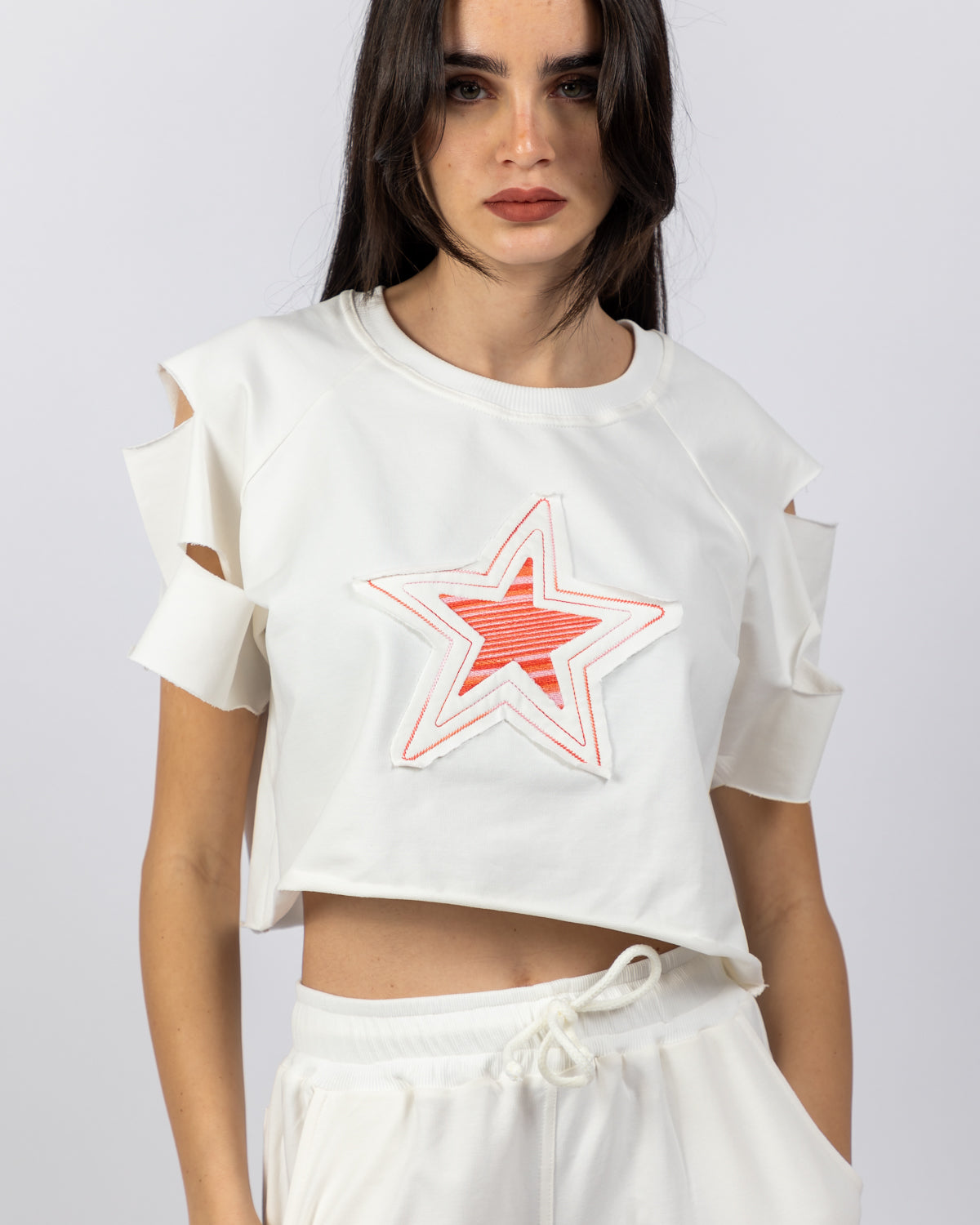 Star Embroidered Cropped Sweatshirt For Women - White