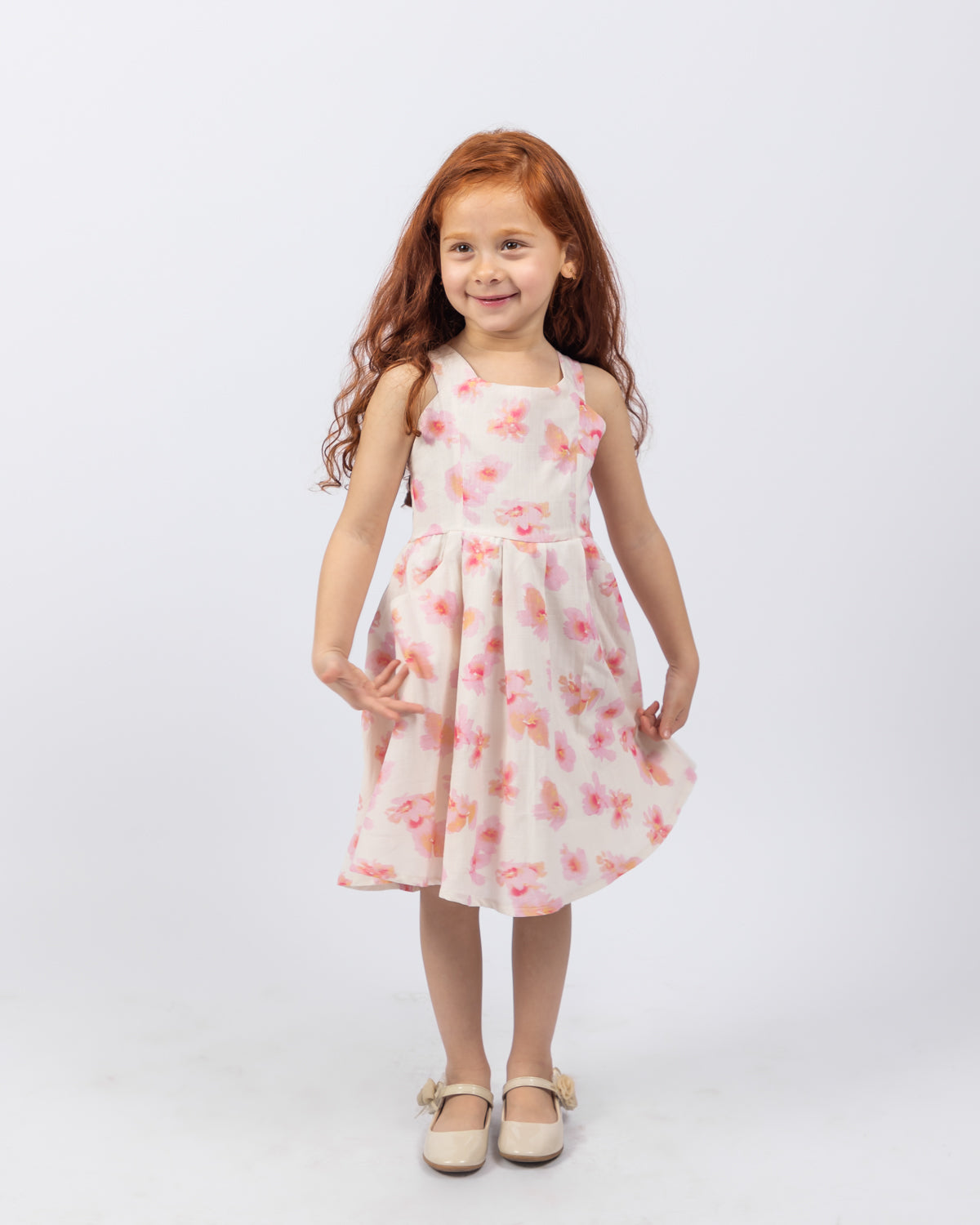 Floral Dress with Bow Knots For Girls - White