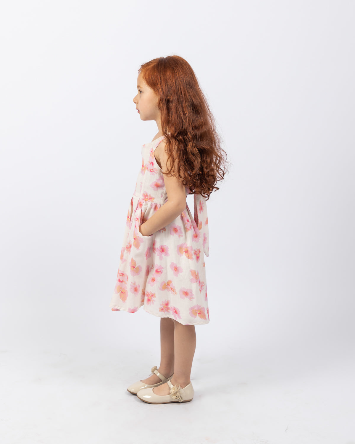 Floral Dress with Bow Knots For Girls - White