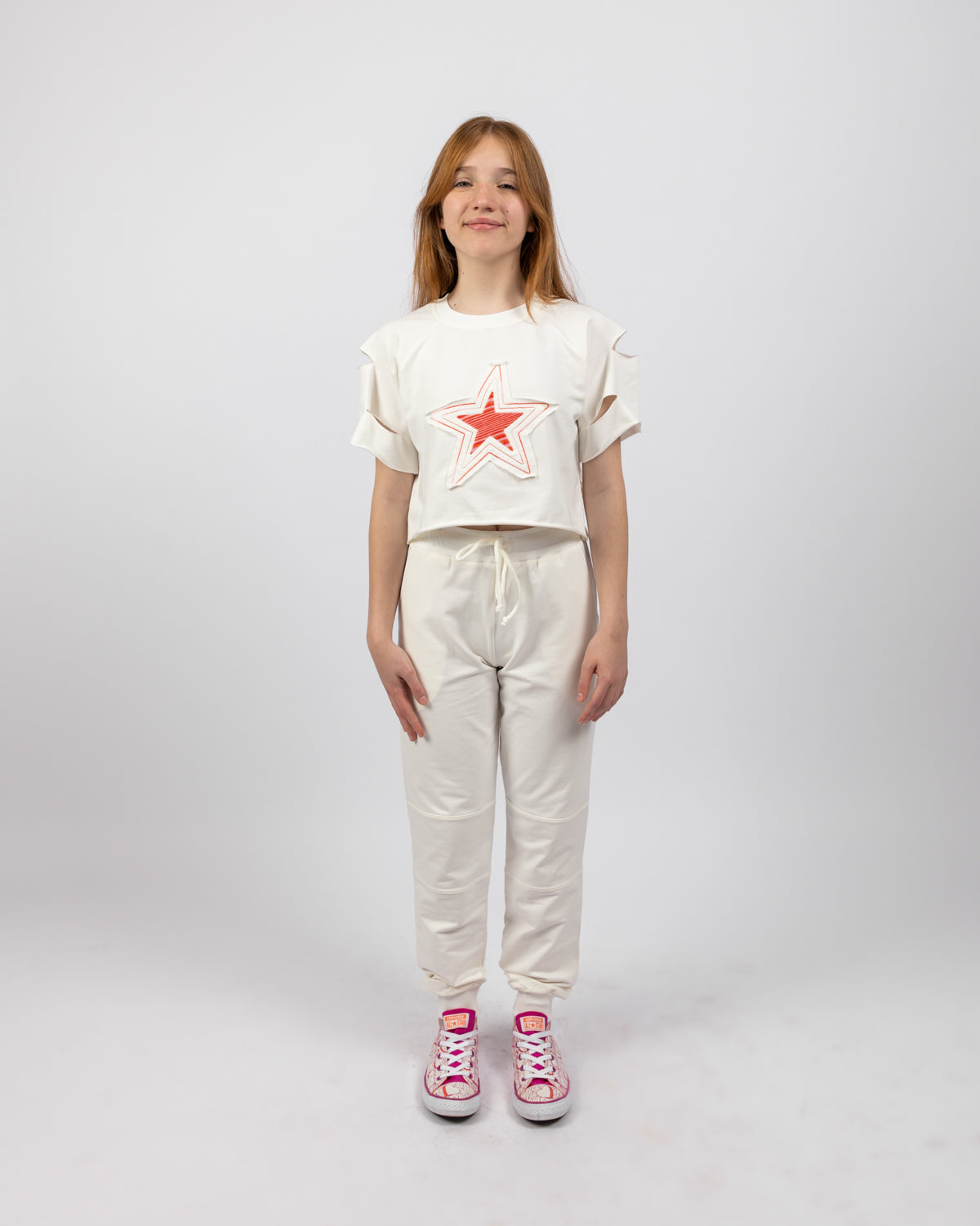 Star Embroidered Cropped Sweatshirt For Girls - White